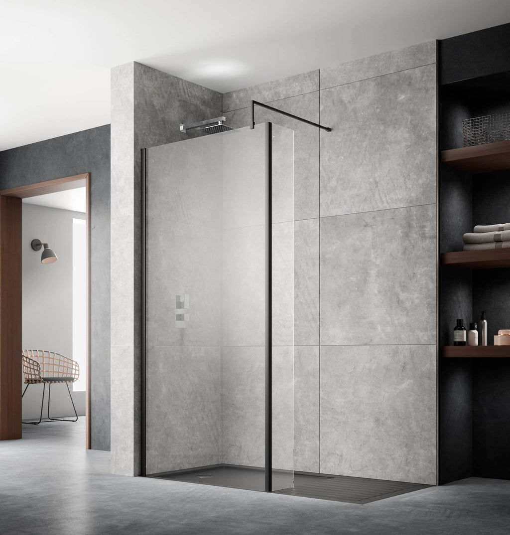 Sleek modern walk-in shower with glass door and minimalist design in a contemporary bathroom featuring textured grey tiles.