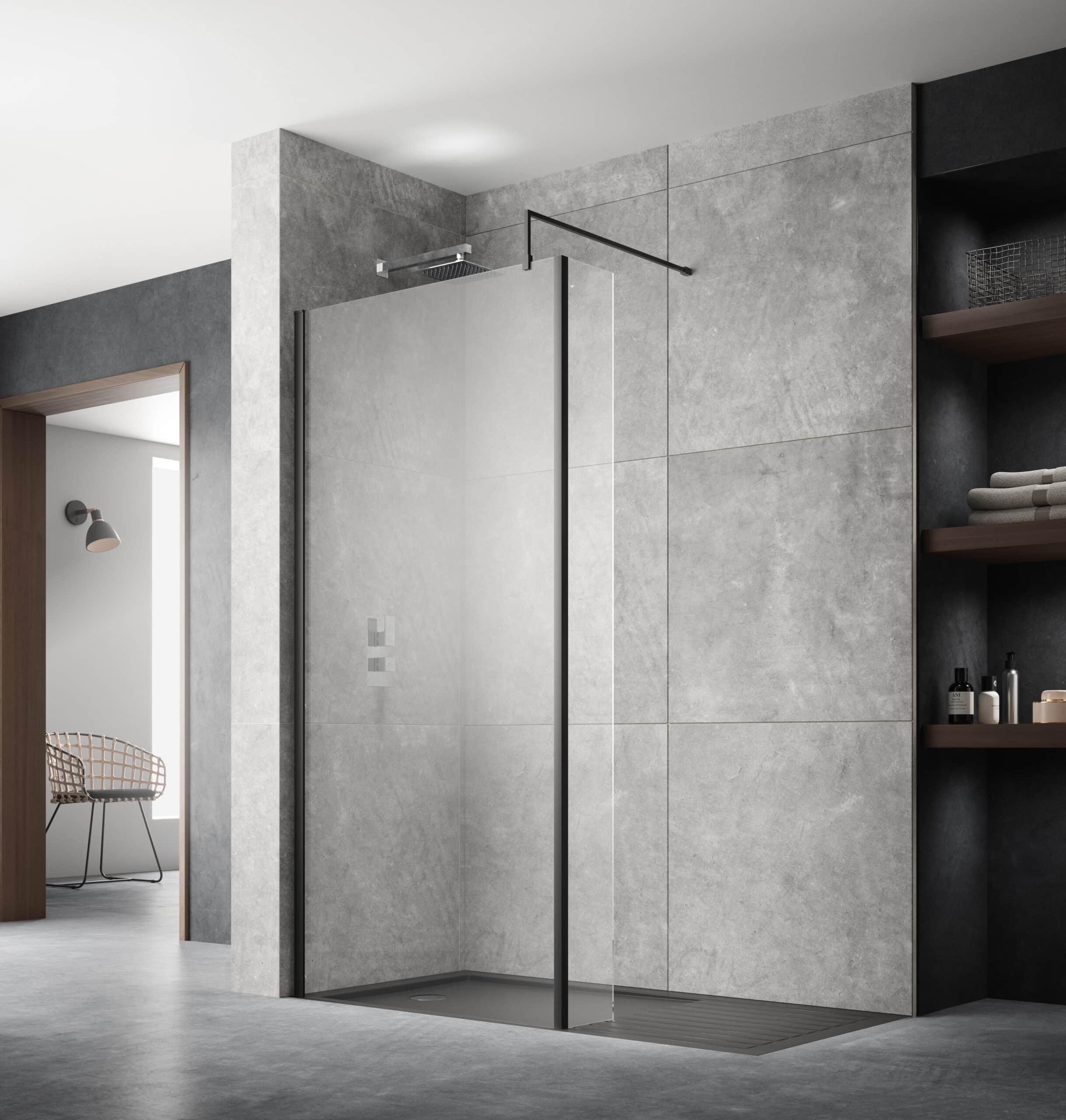 Sleek modern walk-in shower with glass door and minimalist design in a contemporary bathroom featuring textured grey tiles.