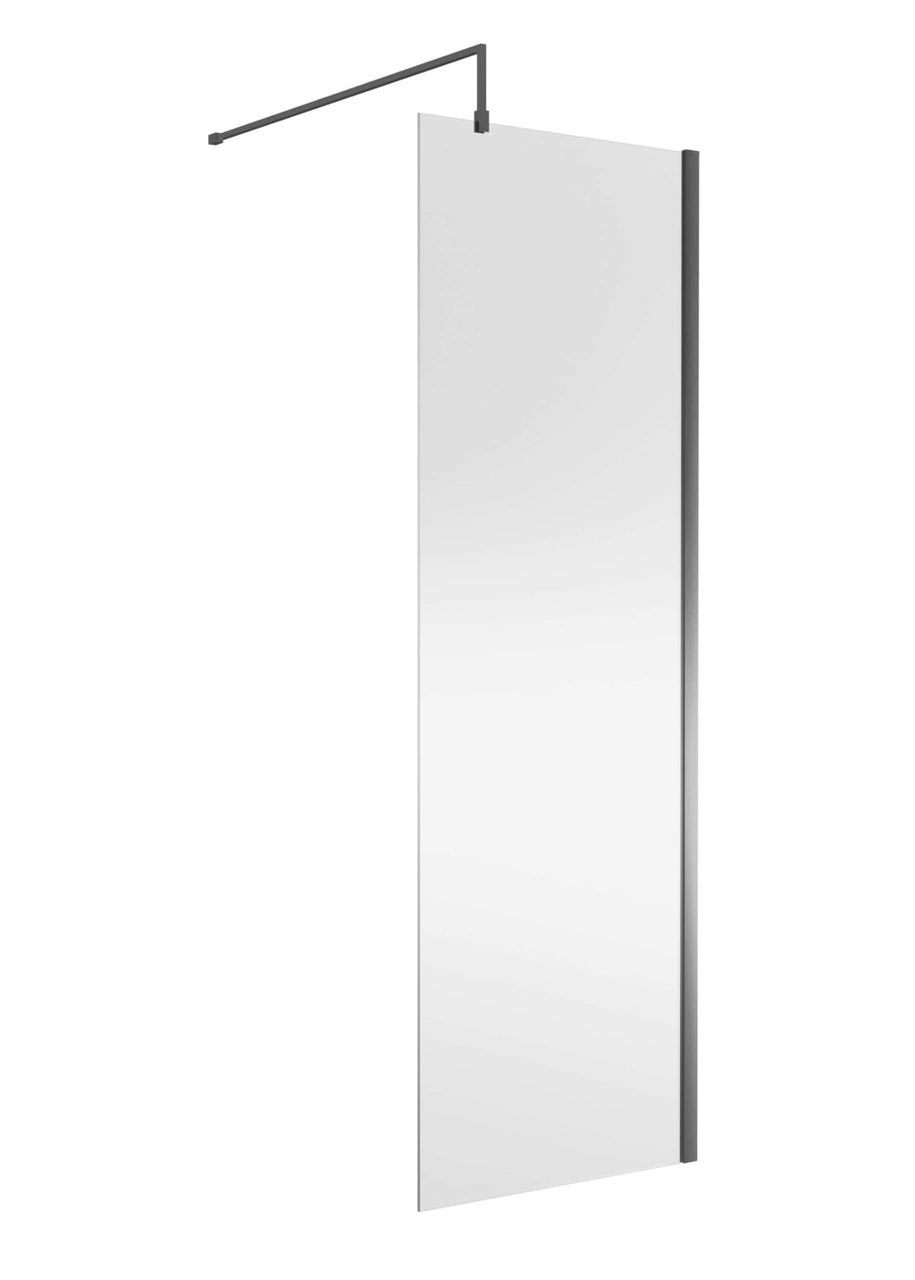 Sleek modern bathroom glass shower screen with black metal framed edges and minimalistic design. Perfect for contemporary bathroom renovations and waterproofing solutions.