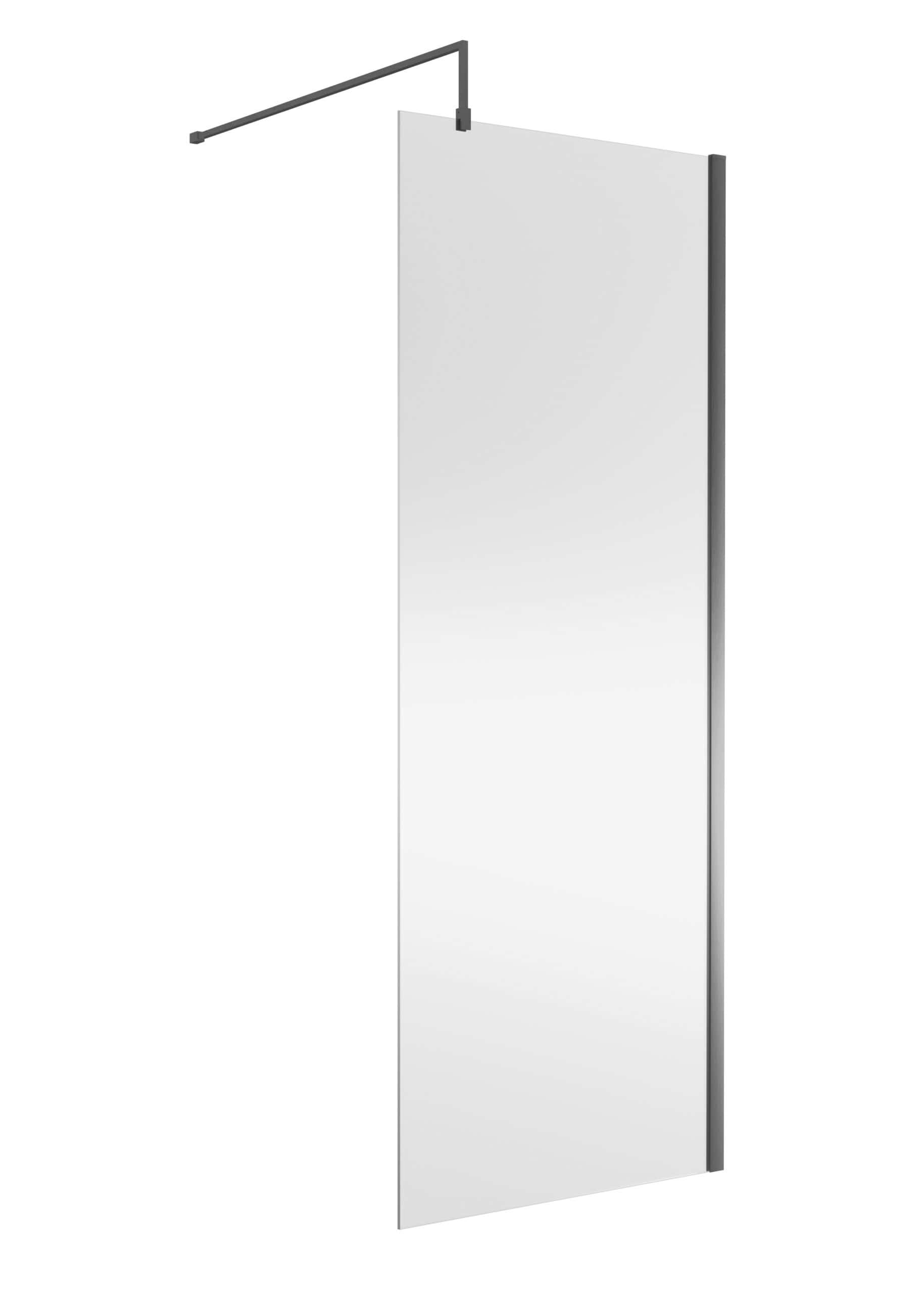 Sleek modern shower panel with minimalist design, ideal for contemporary bathrooms, featuring a large frameless mirror and stylish black accents. Perfect for a luxurious bathroom upgrade.