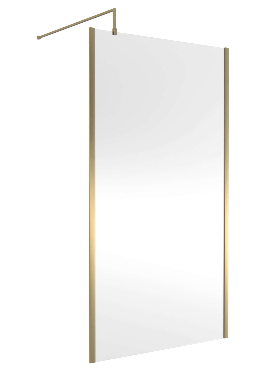 Sleek modern full-length shower screen with gold frame, perfect for contemporary bathroom designs for a stylish and functional shower enclosure.