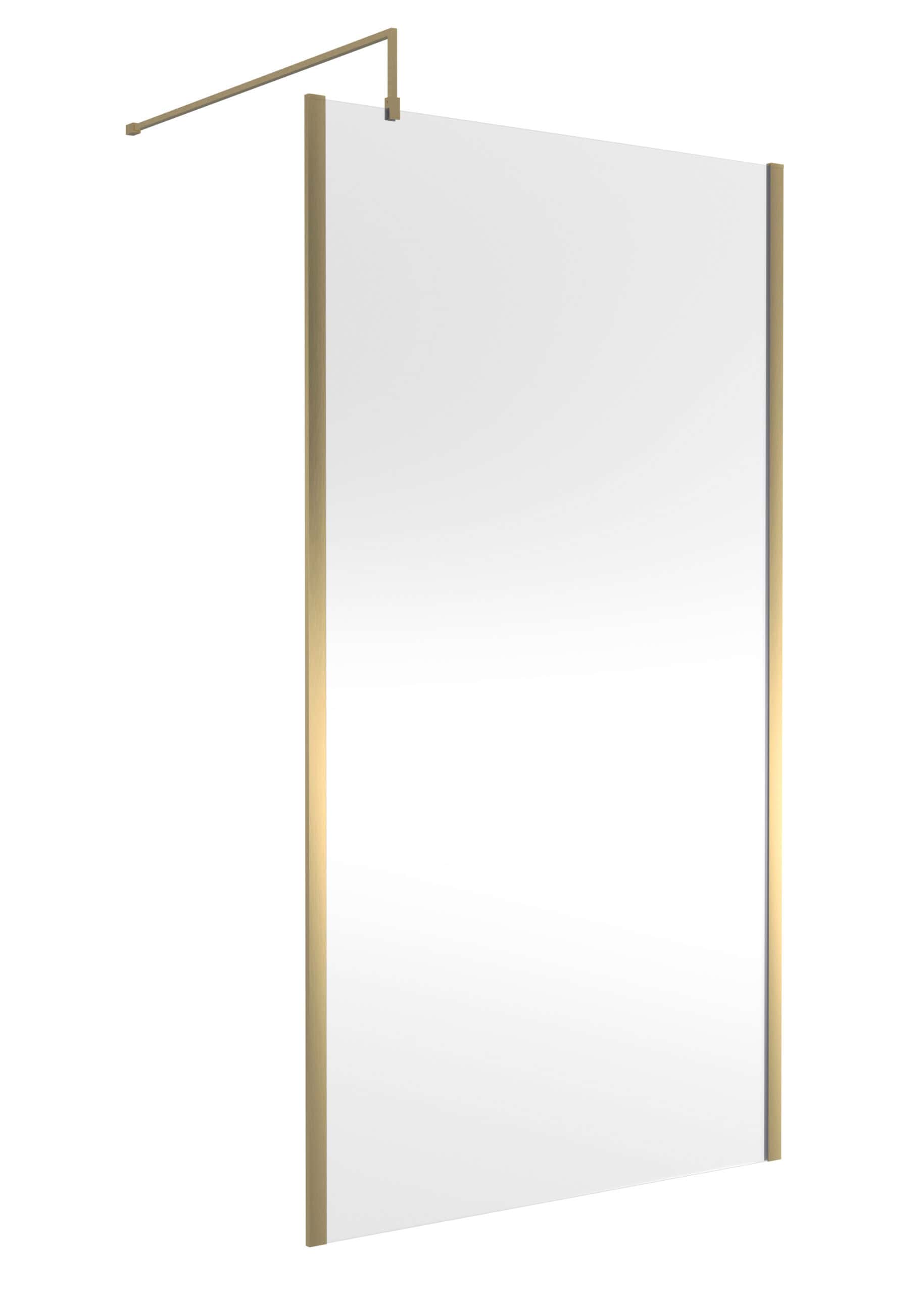 Sleek modern full-length shower screen with gold frame, perfect for contemporary bathroom designs for a stylish and functional shower enclosure.