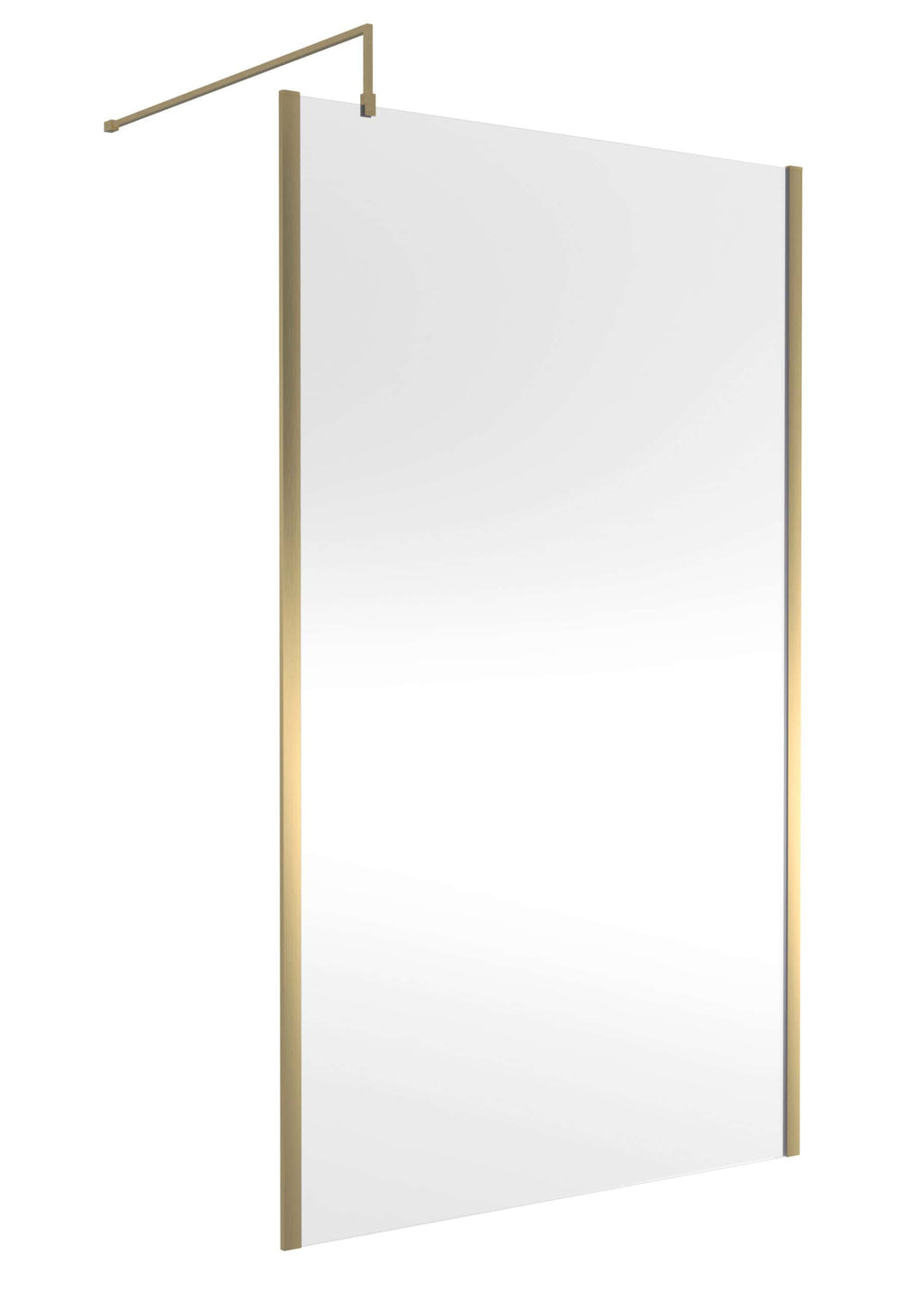 Glass shower screen with a sleek gold frame, ideal for modern bathroom renovations and creating a stylish shower enclosure. Designed for durability and ease of cleaning in contemporary bathroom designs.