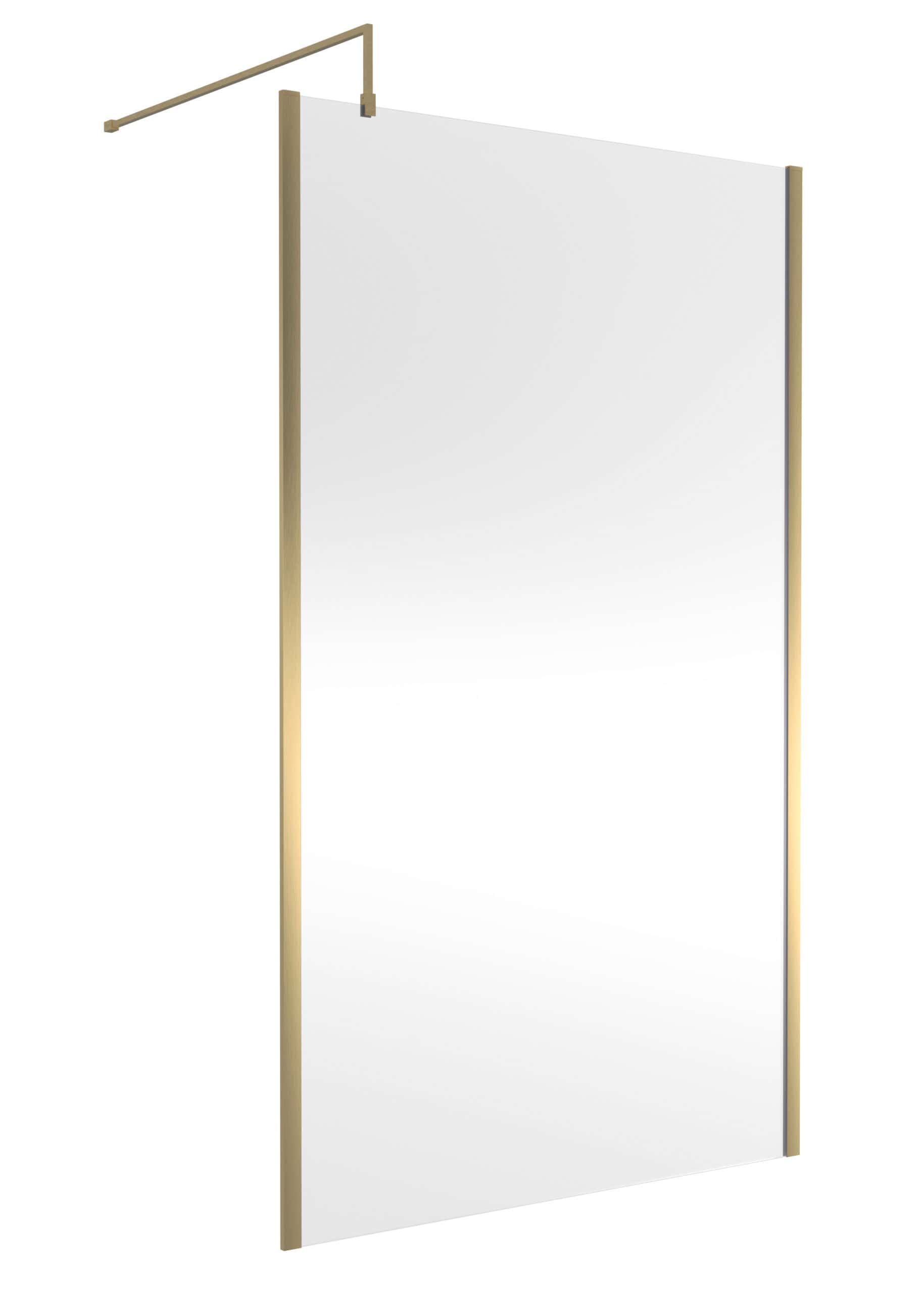 Glass shower screen with a sleek gold frame, ideal for modern bathroom renovations and creating a stylish shower enclosure. Designed for durability and ease of cleaning in contemporary bathroom designs.