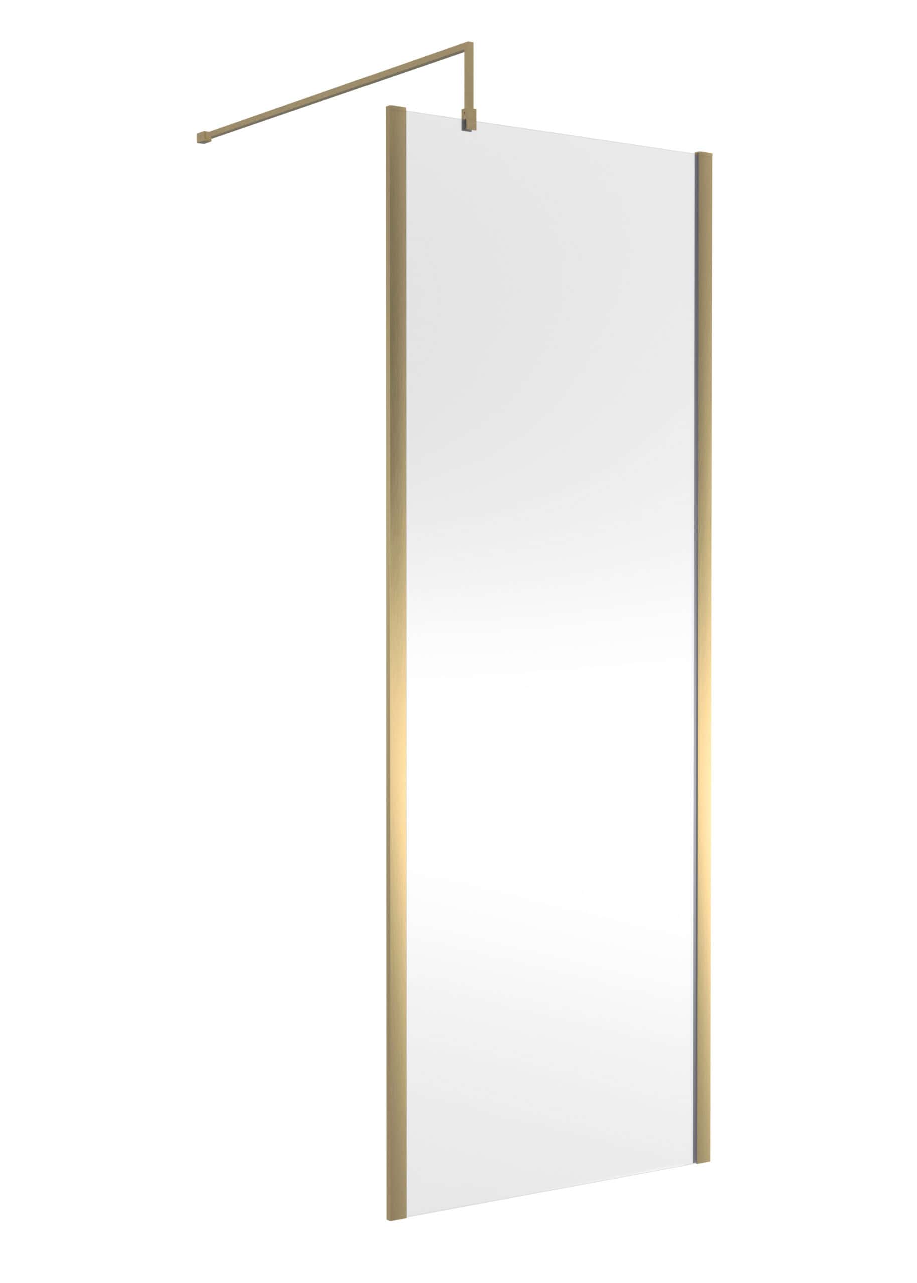 Sleek standalone bathroom mirror with gold-toned frame, ideal for modern bathrooms and powder rooms, offering reflection and style.