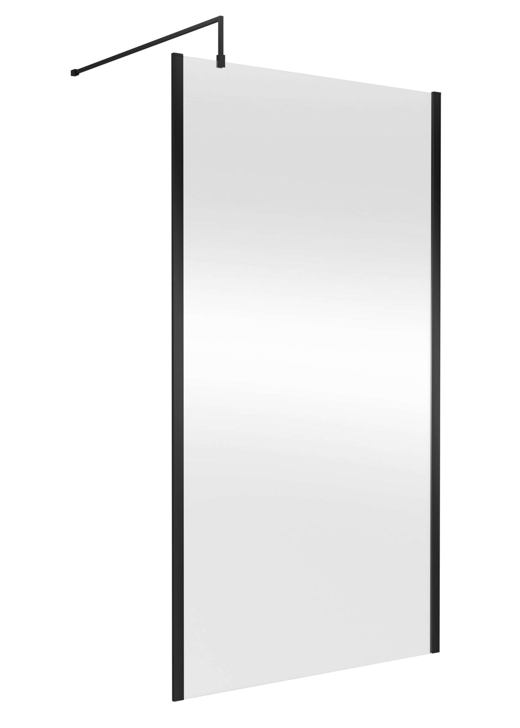 Modern black framed walk-in shower screen with sleek minimalist design for contemporary bathrooms.