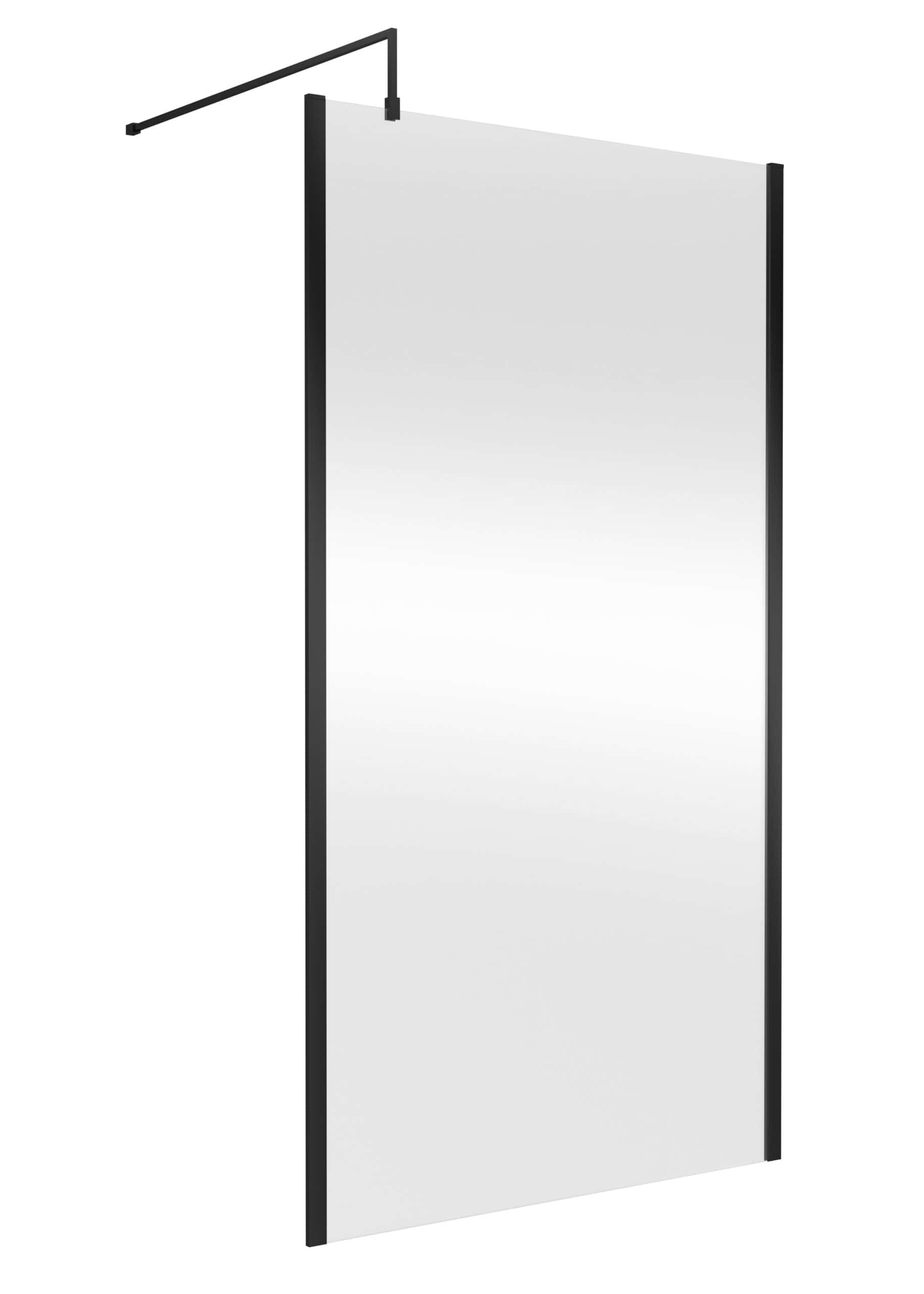 Modern black framed walk-in shower screen with sleek minimalist design for contemporary bathrooms.