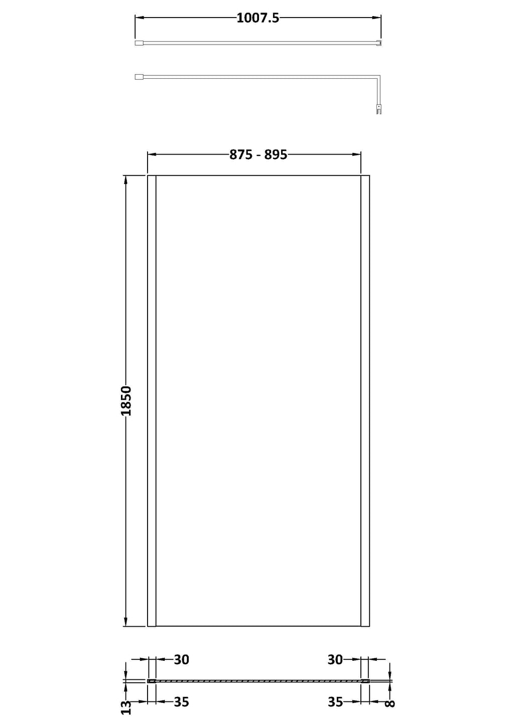 Sleek modern shower door design with detailed dimensions for bathroom renovation and fitting.
