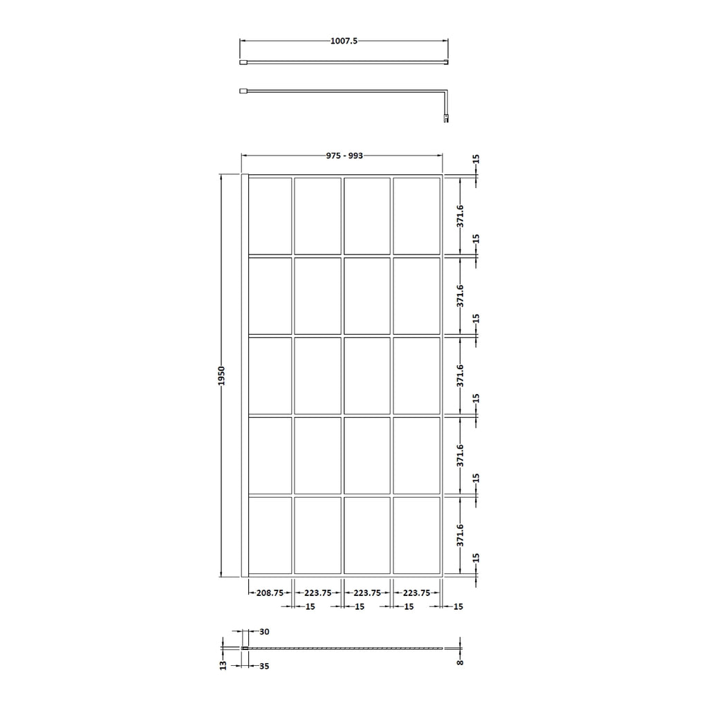 Sliding glass shower screen design with detailed technical measurements for modern bathroom renovation. Suitable for stylish and functional bathroom upgrades.