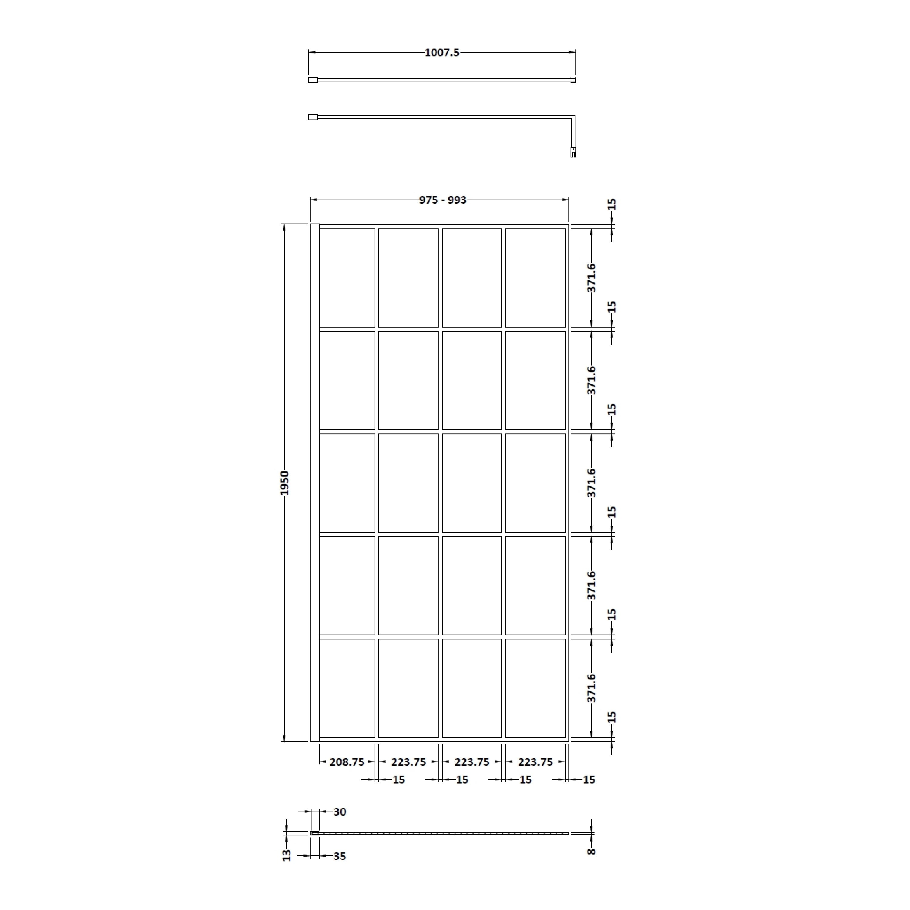 Sliding glass shower screen design with detailed technical measurements for modern bathroom renovation. Suitable for stylish and functional bathroom upgrades.