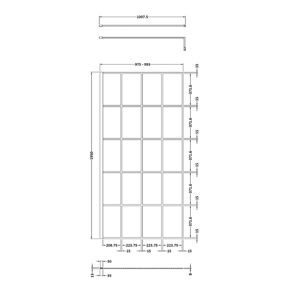High-resolution bathroom storage unit with grid-style cabinet doors, detailed technical drawings, and measurements for custom bathroom cabinetry and renovation projects.