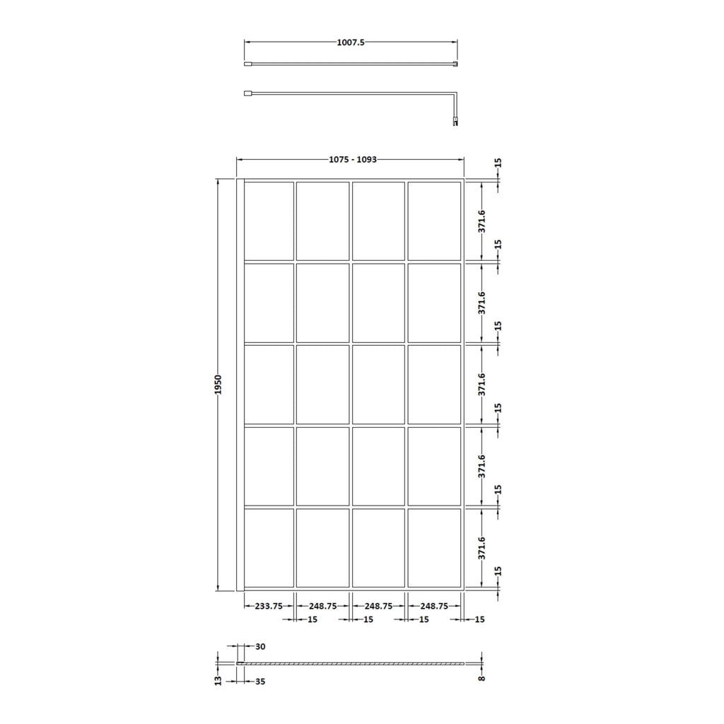 Sliding glass shower screen with grid pattern for modern bathroom design. Customisable size, durable glass, and sleek aluminium frame for enhanced bathroom aesthetics.