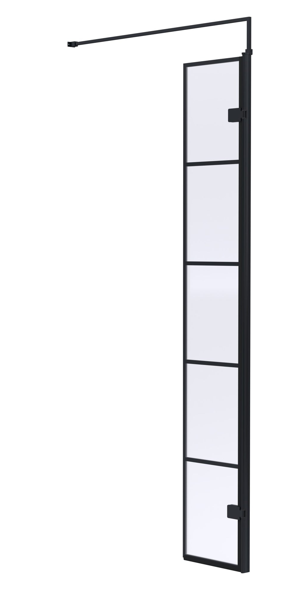 Modern black-framed shower screen with clear glass panels, ideal for contemporary bathroom designs, offering a spacious and stylish shower solution.
