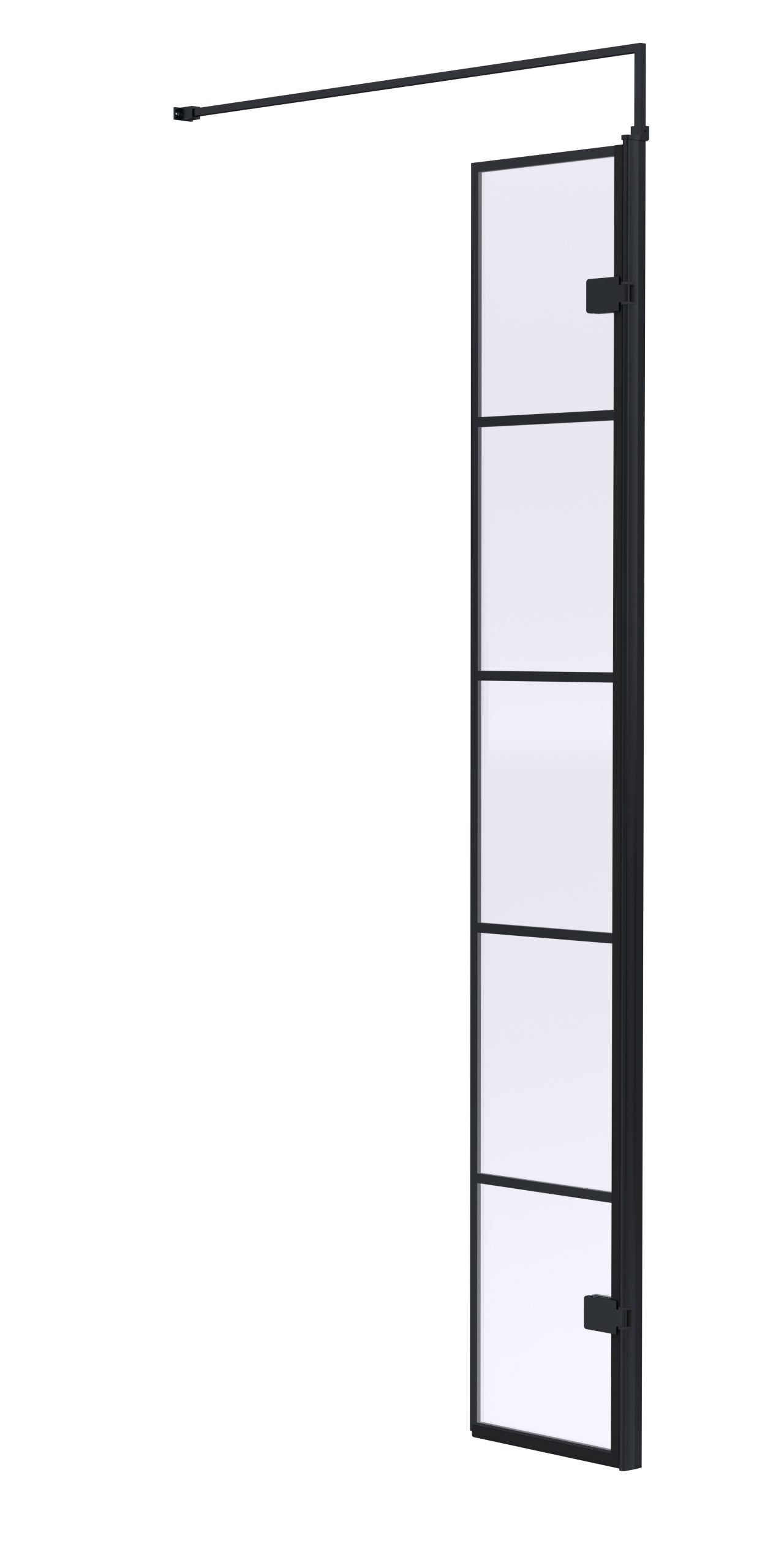 Modern black-framed shower screen with clear glass panels, ideal for contemporary bathroom designs, offering a spacious and stylish shower solution.