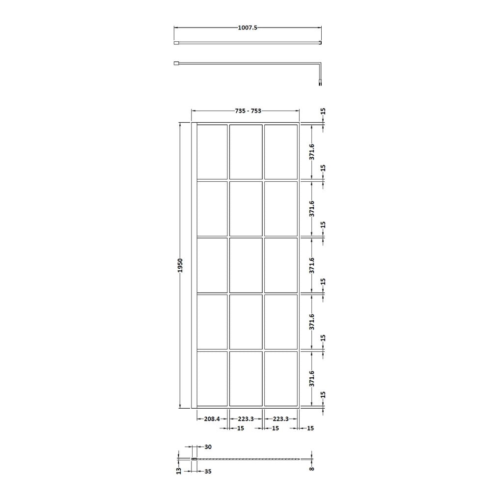Stylish bathroom window design with multiple glass panels, detailed measurements, and sleek frame, ideal for modern bathroom renovation projects. Perfect for enhancing natural light and privacy.