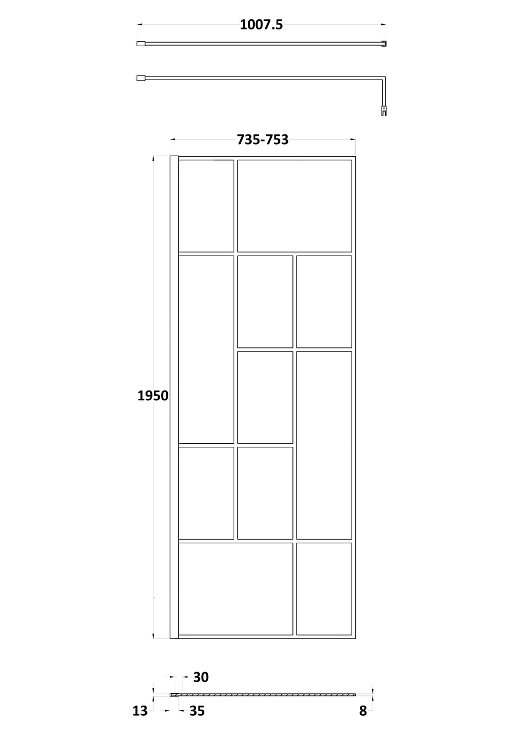 Stylish multi-panel bathroom cabinet door with detailed measurements, ideal for modern bathroom renovation and storage solutions.