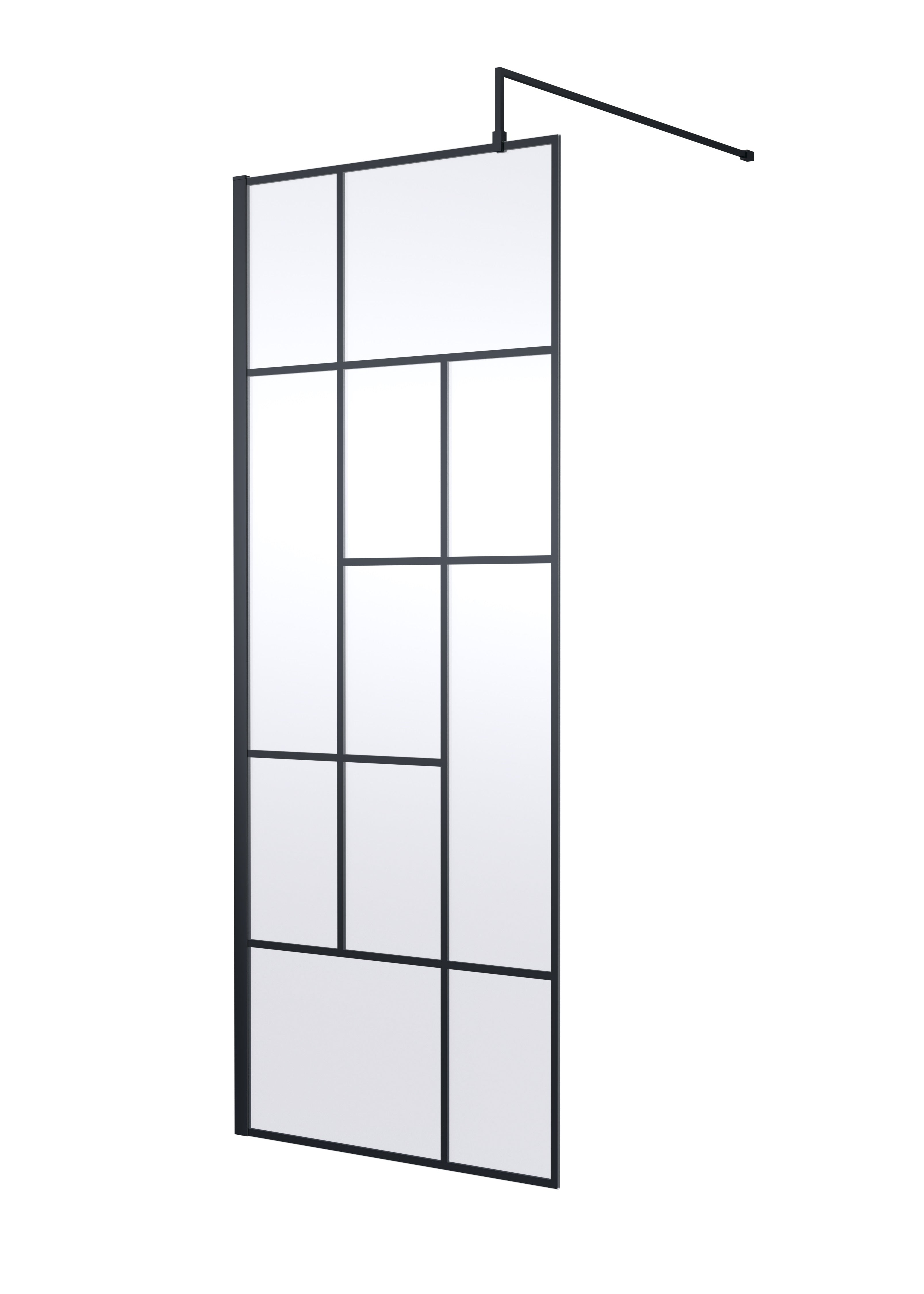 Stylish black metal framed shower screen with clear glass panels, perfect for modern bathrooms and available at Bubly Bathrooms.