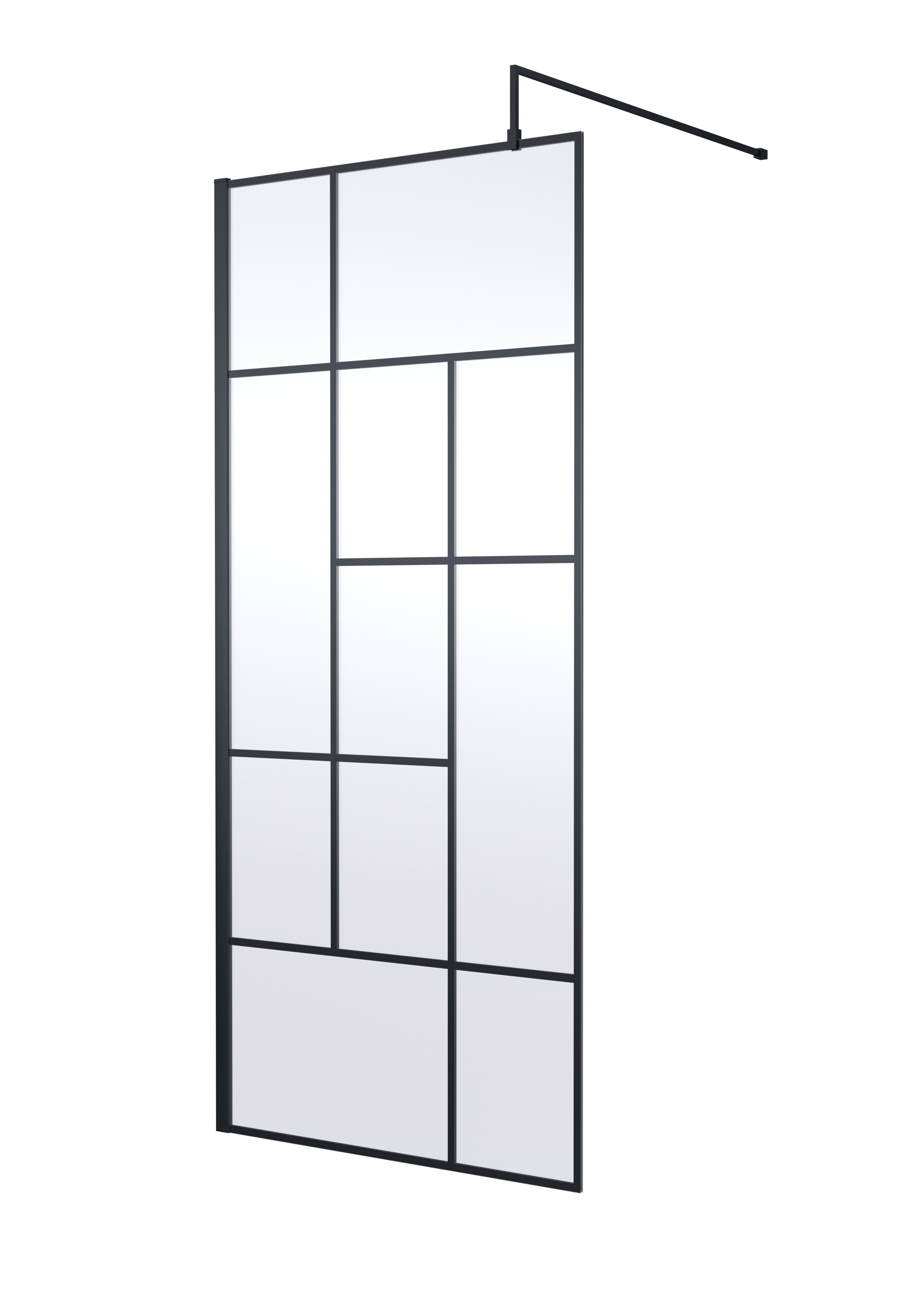 Modern black-framed, multi-pane glass shower screen for contemporary bathroom designs, offering a sleek and stylish enclosure for shower areas.