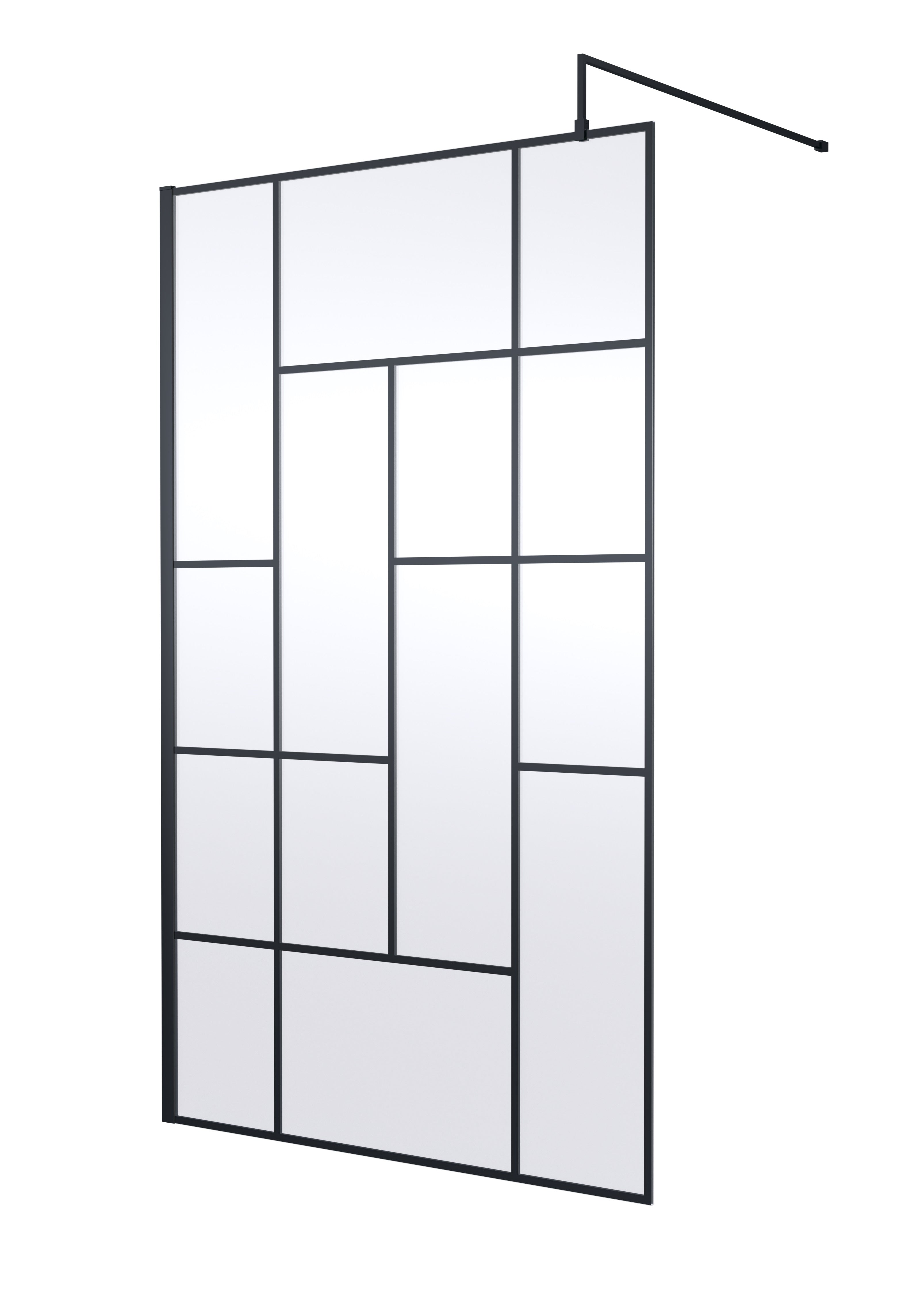 Modern black-framed decorative shower screen with frosted glass panels for a contemporary bathroom design. Ideal for enhancing privacy and style in your Bubly bathrooms.