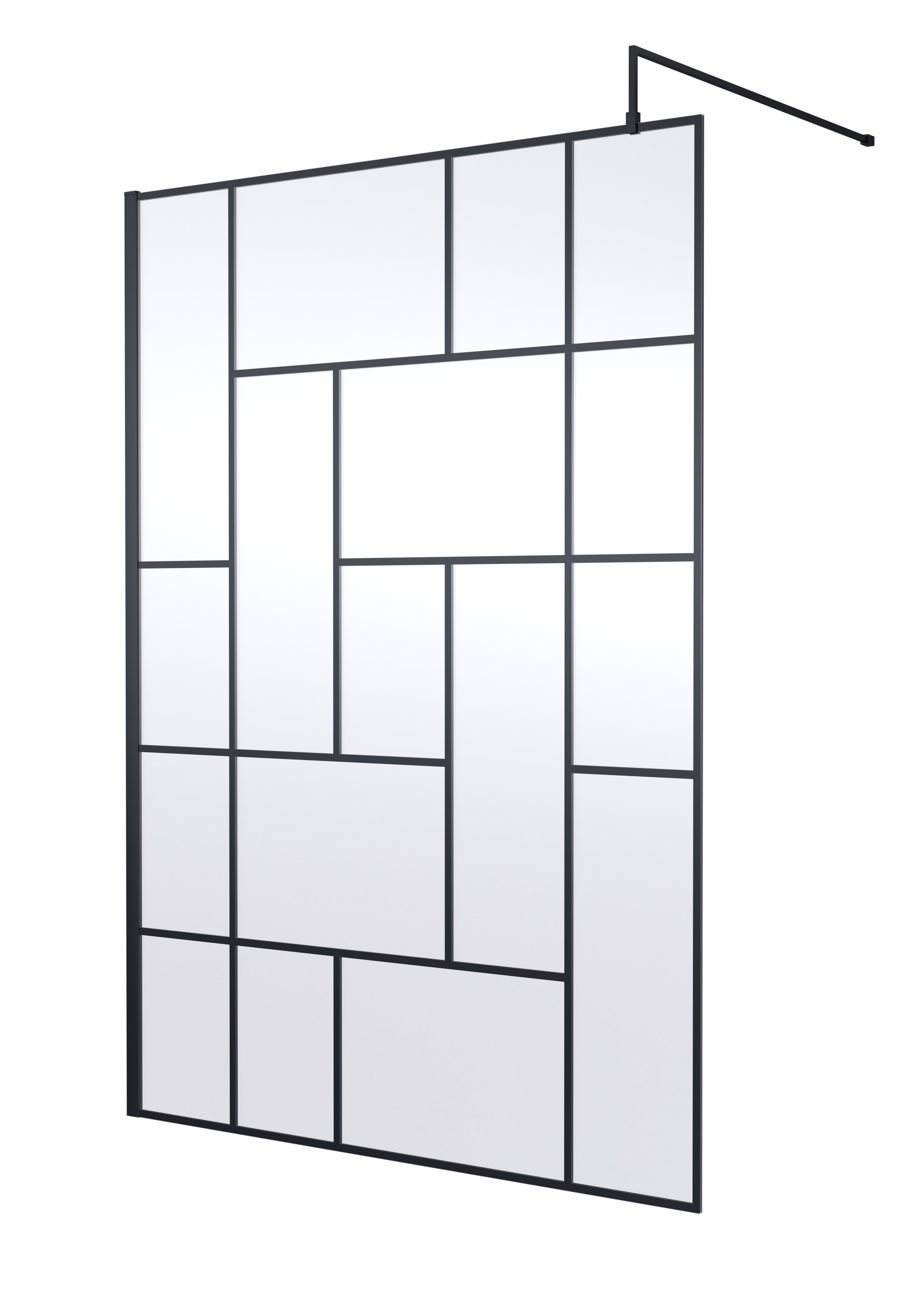 Versatile black-framed aluminium bathroom screen with clear glass panels, ideal for modern shower enclosures and bathroom design, offering style and functionality.