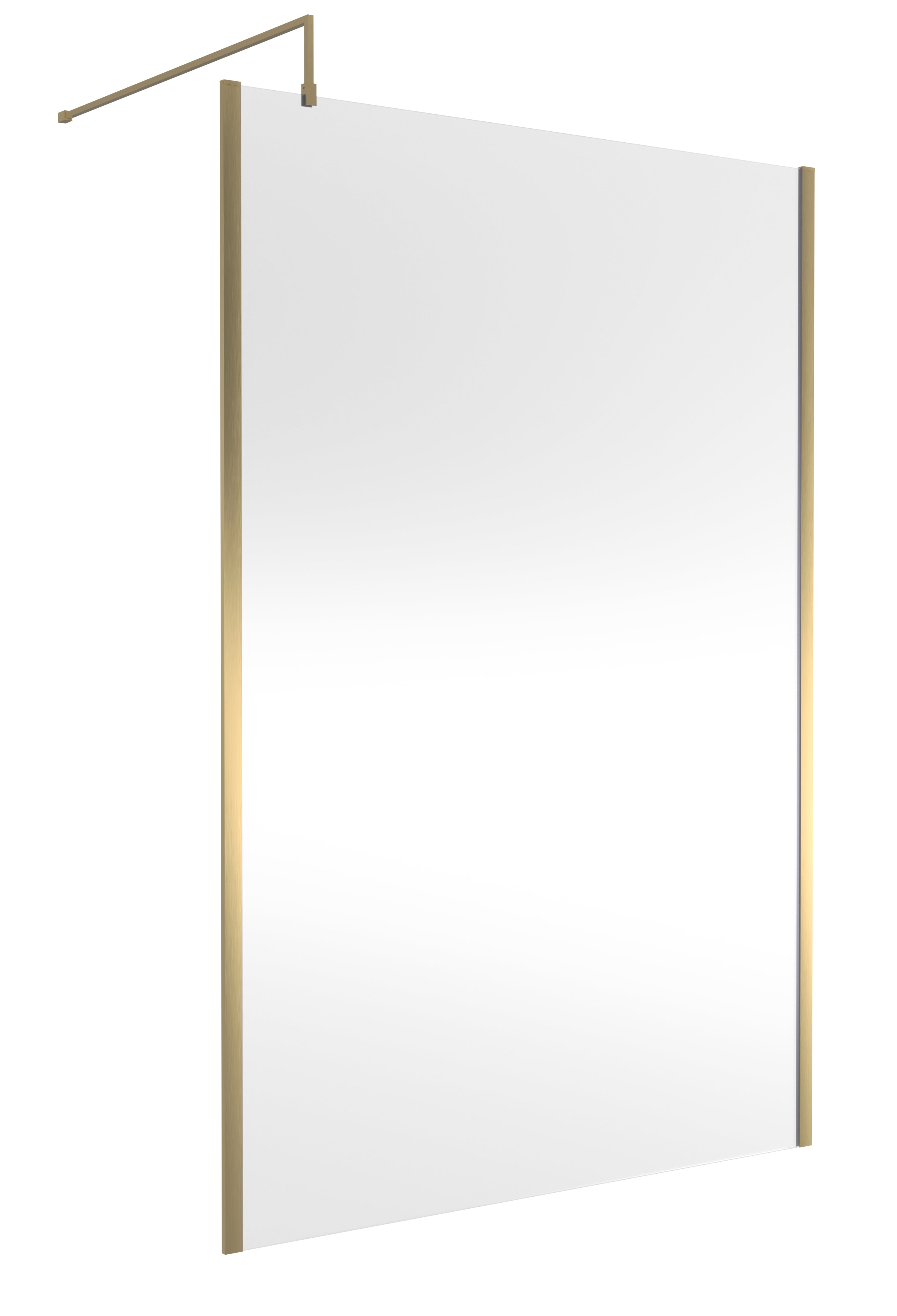 Glass shower screen with brass trim, modern bathroom shower enclosure, stylish shower door for contemporary bathrooms, elegant and functional shower partition for bathroom renovation.