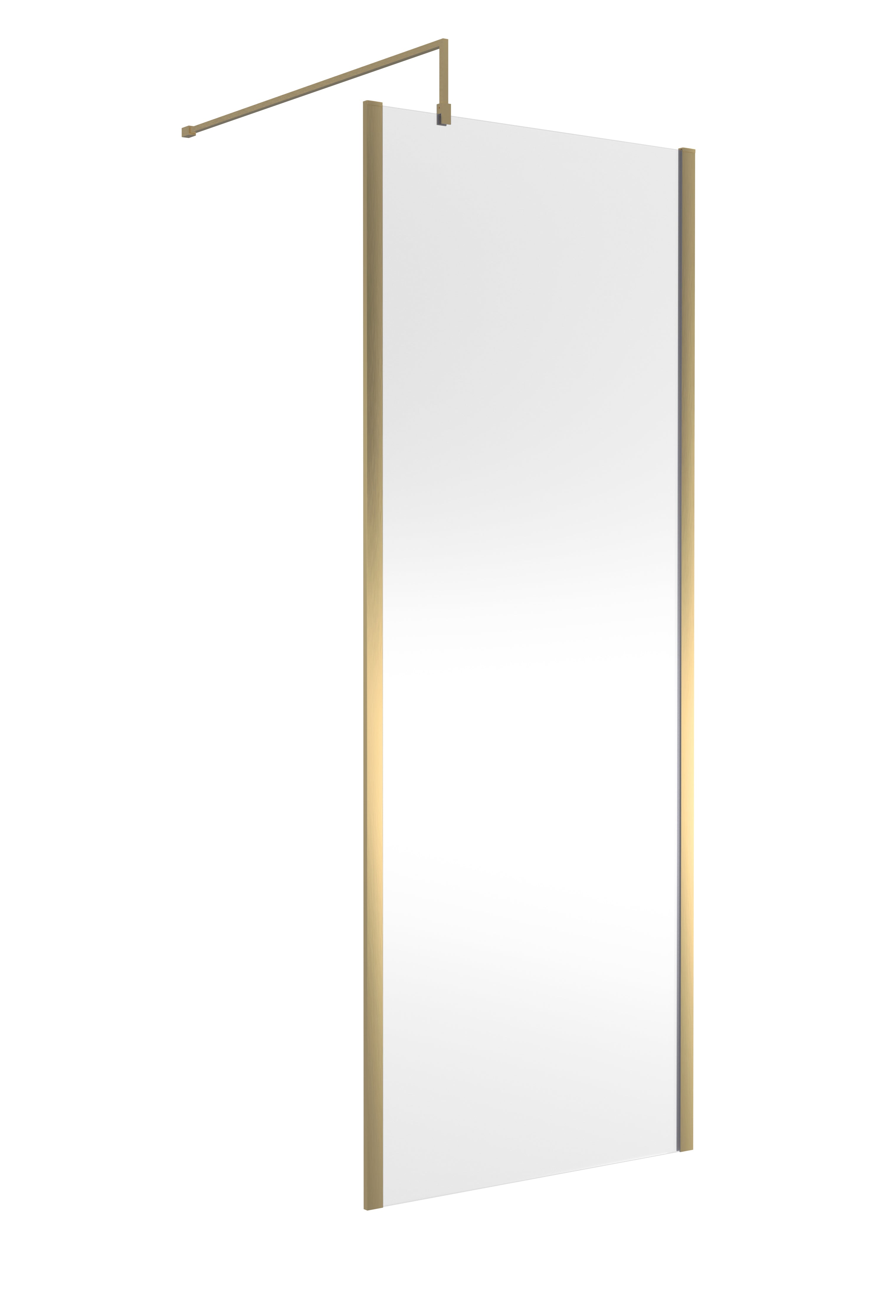 Modern bathroom shower screen with gold trim, frameless design, and easy-to-clean glass for a stylish and functional wet area, perfect for contemporary bathrooms.
