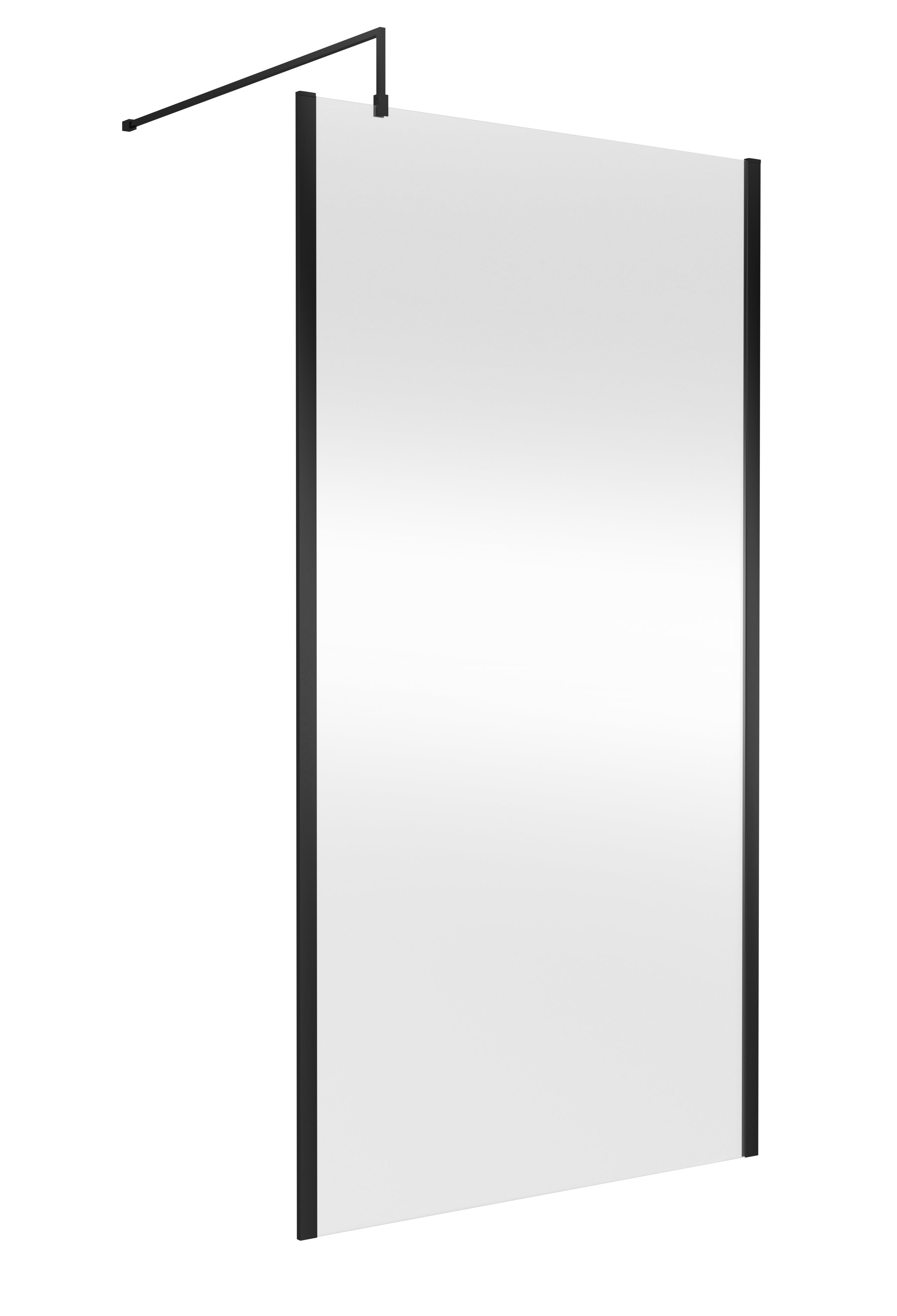 White bathroom shower partition with black trim, modern shower enclosure for bathrooms.