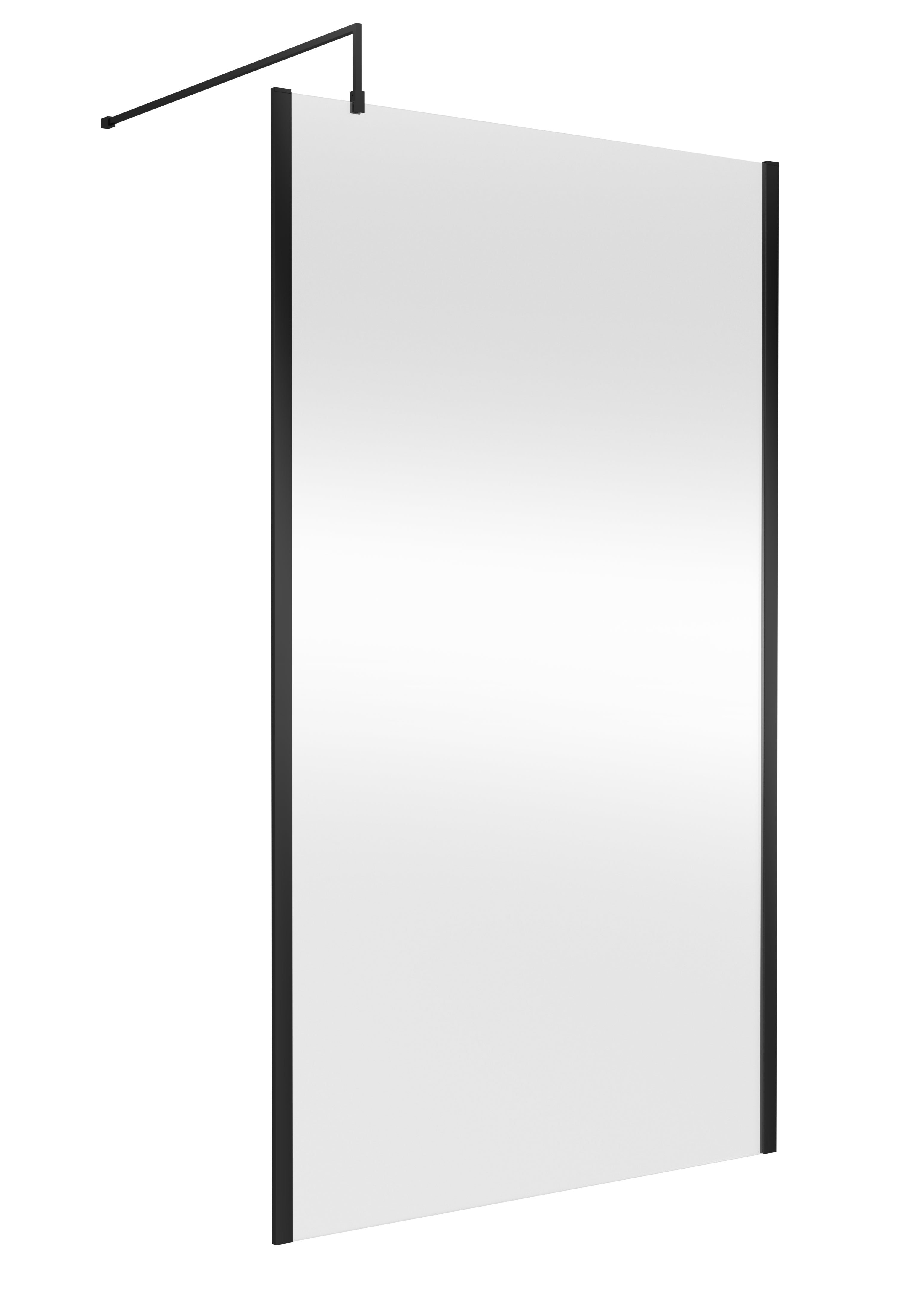 Smooth glass shower panel with black aluminium frame, ideal for modern bathroom ensuite or shower room renovation. Perfect for creating a sleek, minimalist shower enclosure.
