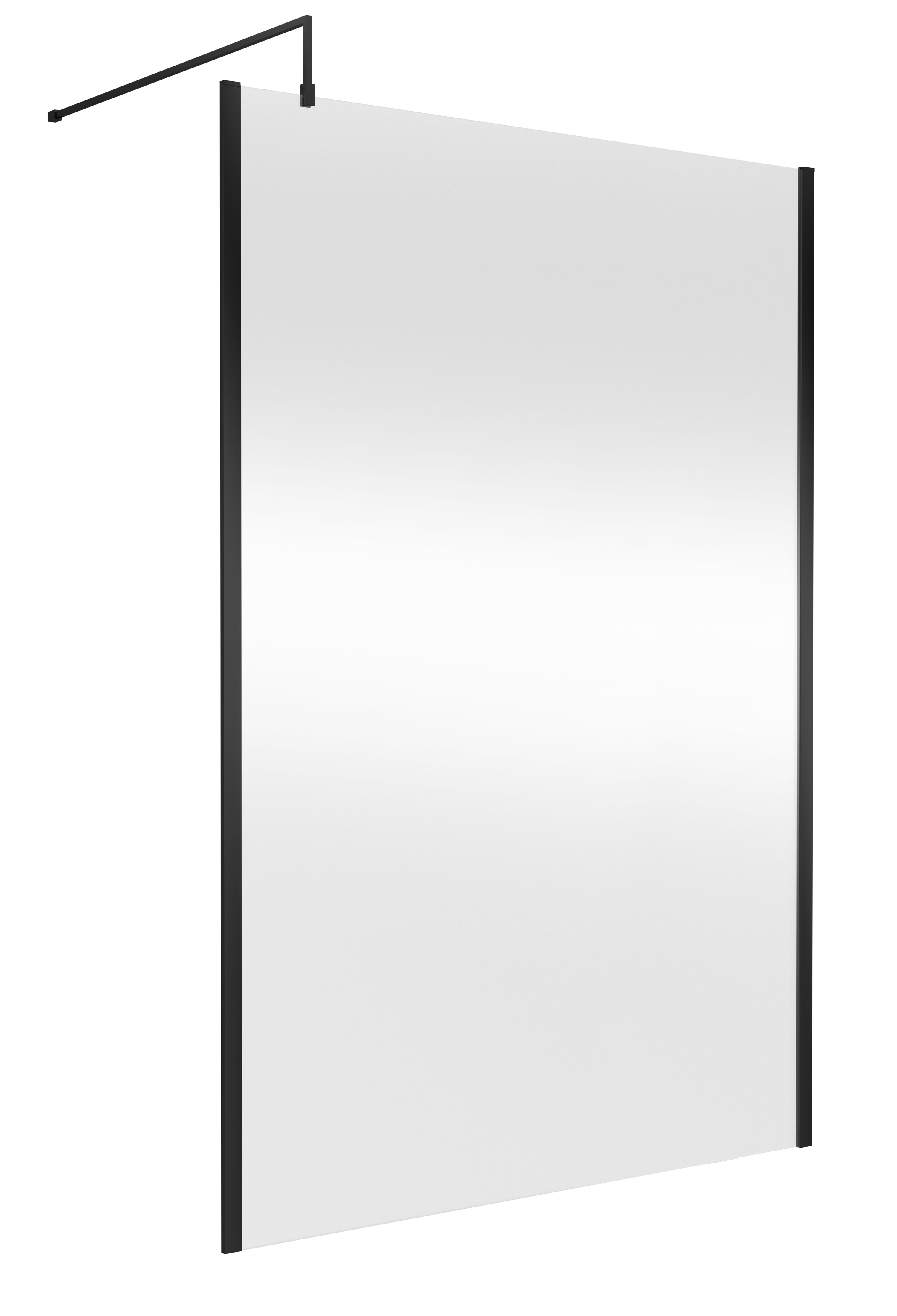 Sliding shower screen, modern black framed bathroom shower enclosure, sleek minimalist design for Bubly Bathrooms, UK bathroom renovation, shower enclosure with frosted glass panel.