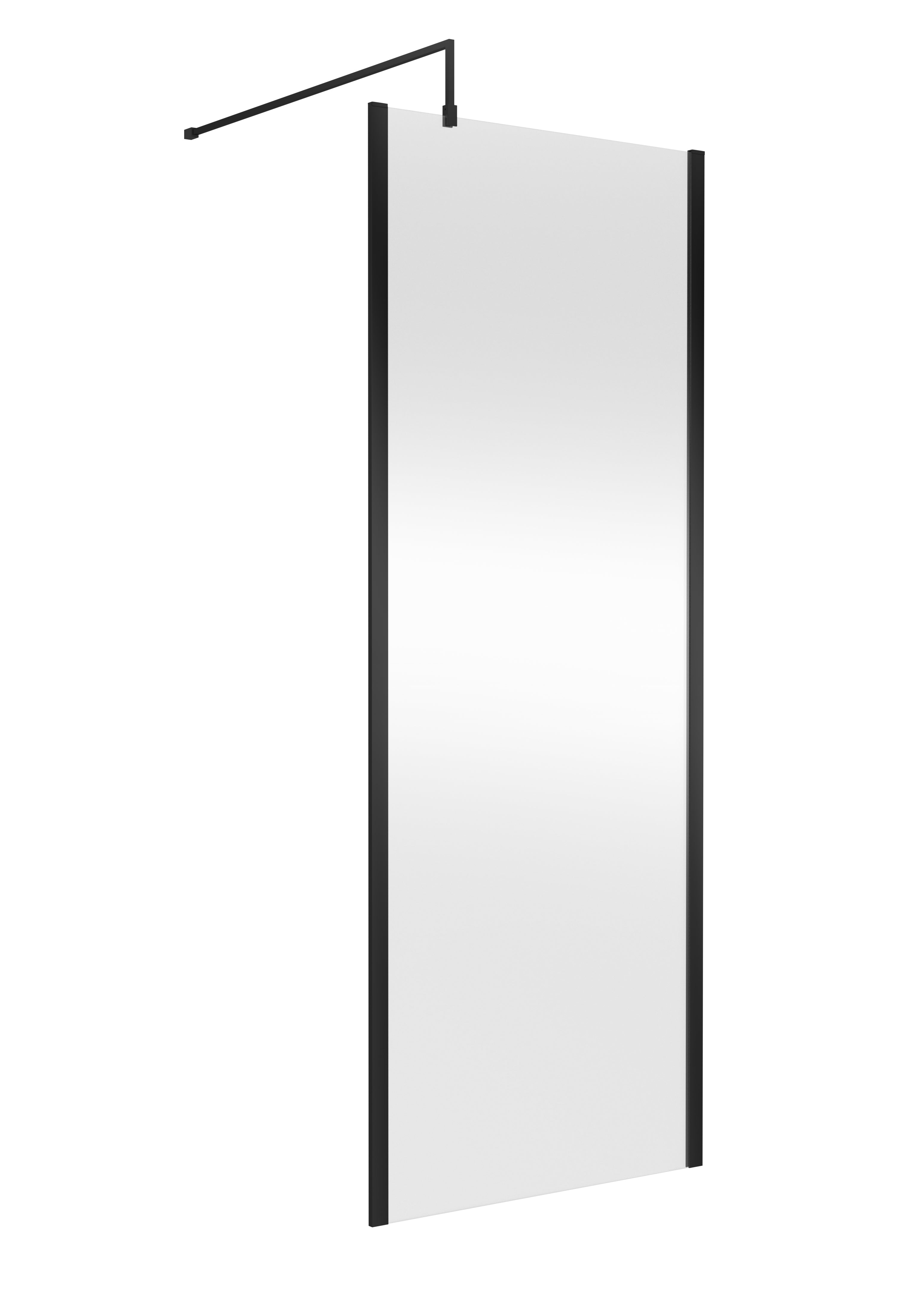 Sleek modern shower screen with black frame, perfect for contemporary bathrooms and creating a stylish, functional shower enclosure.