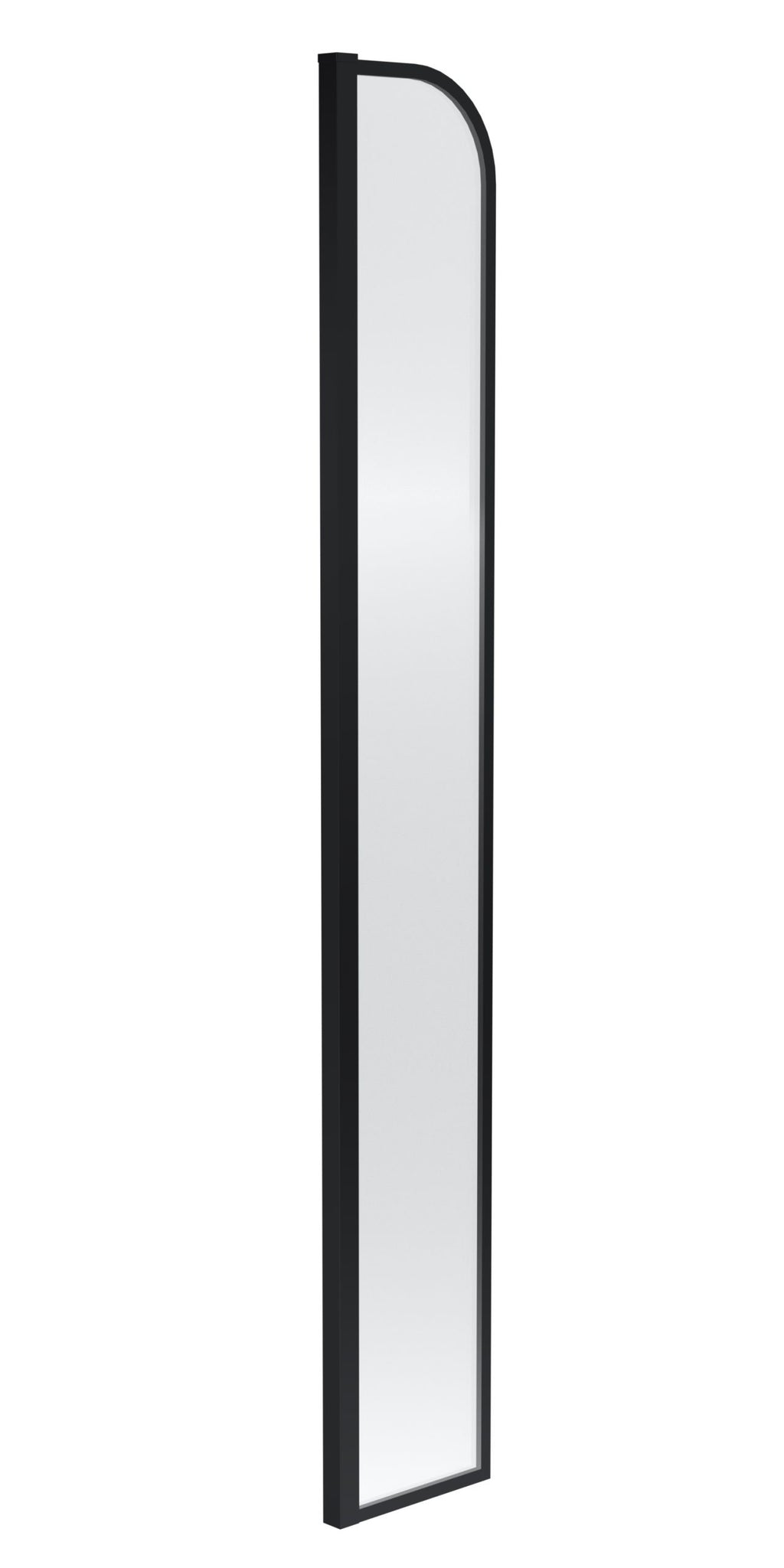 Lightweight black framed full-length bathroom mirror with modern rounded top, ideal for contemporary bathroom decor. Perfect for enhancing space and style in Bubly Bathrooms.