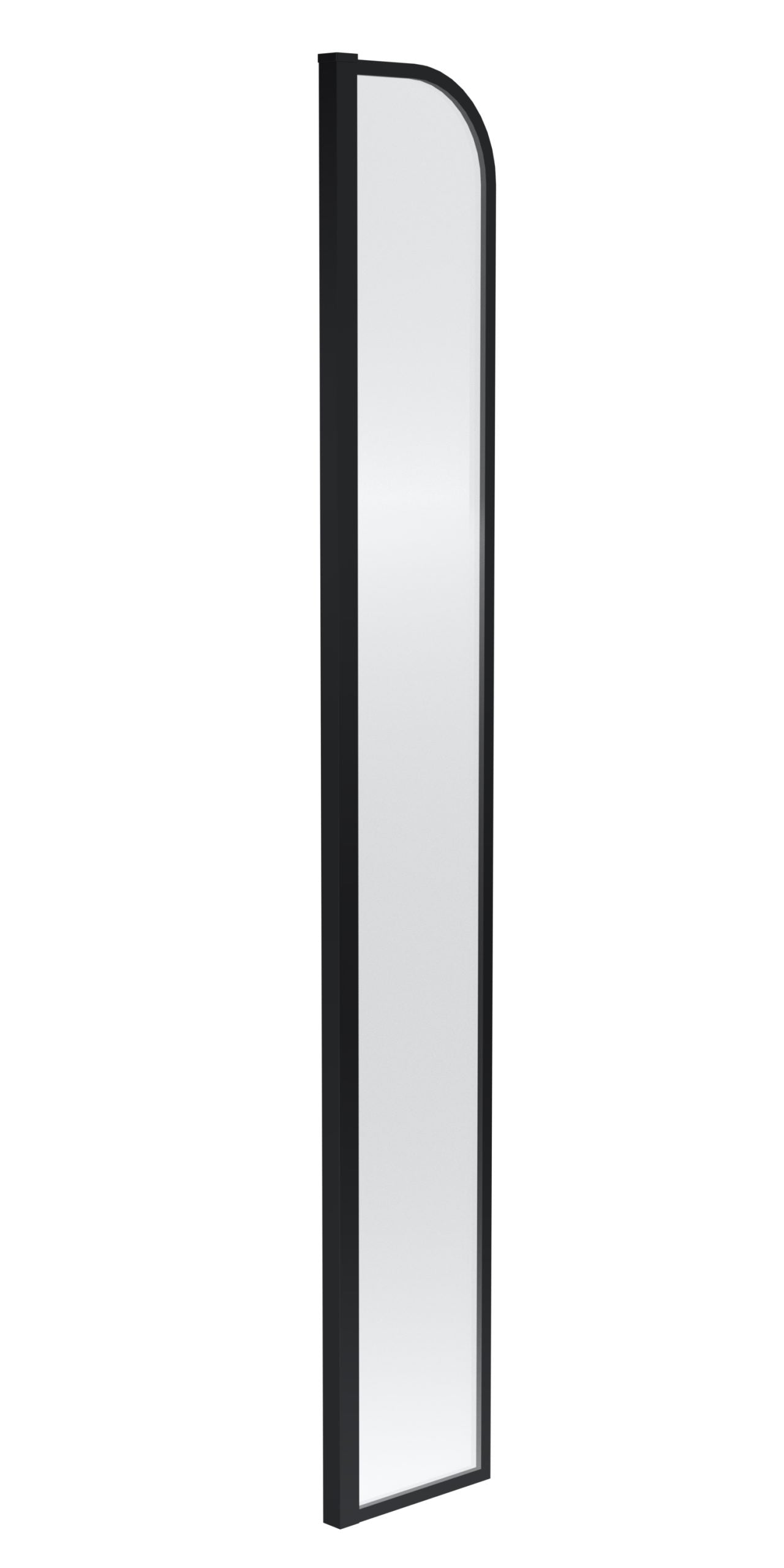 Lightweight black framed full-length bathroom mirror with modern rounded top, ideal for contemporary bathroom decor. Perfect for enhancing space and style in Bubly Bathrooms.