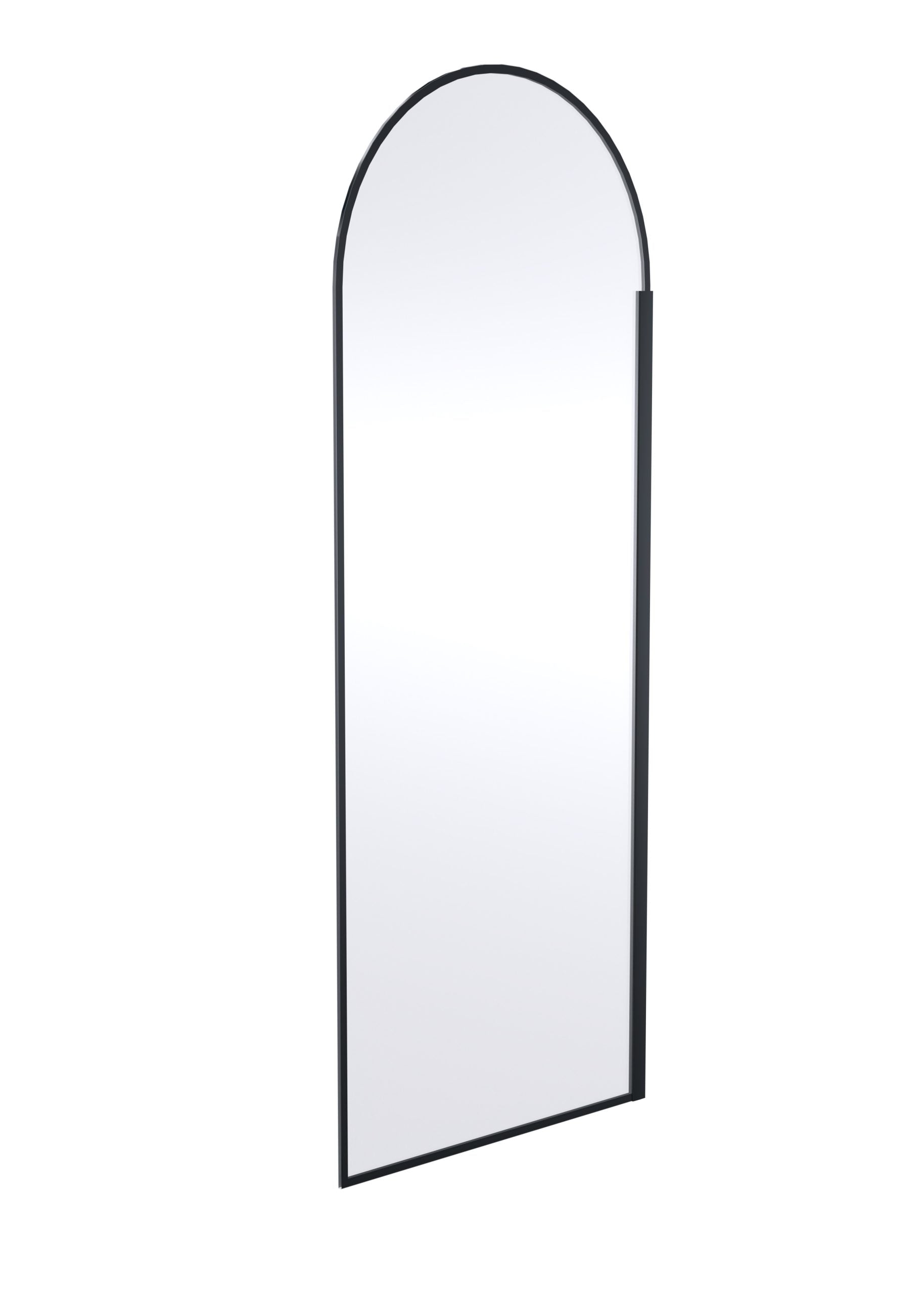 Elegant arched full-length bathroom mirror with a slim black frame, ideal for modern bathroom decor and enhancing space perception.