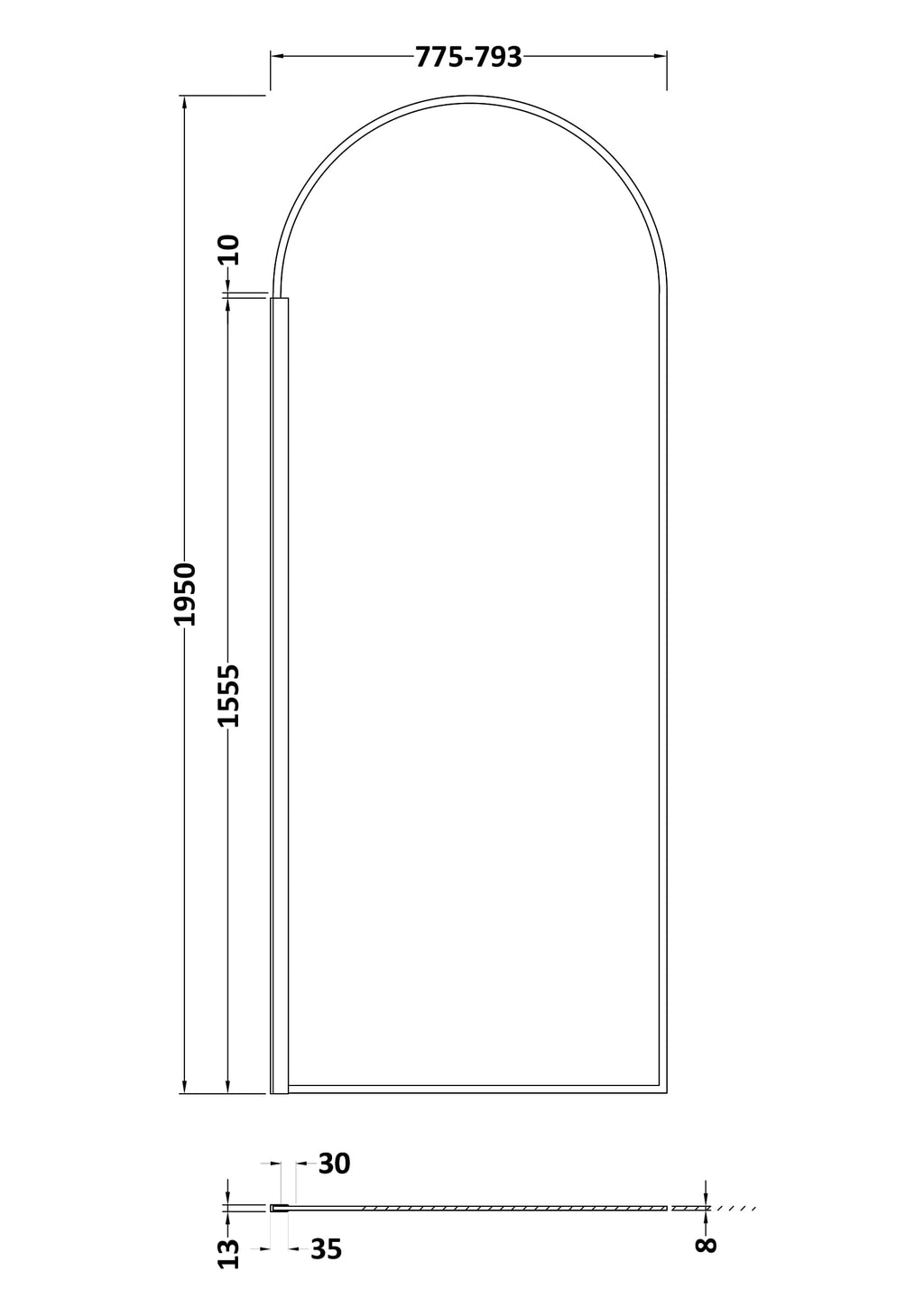 Sleek arched shower screen design for modern bathrooms, featuring precise measurements for seamless installation and style.