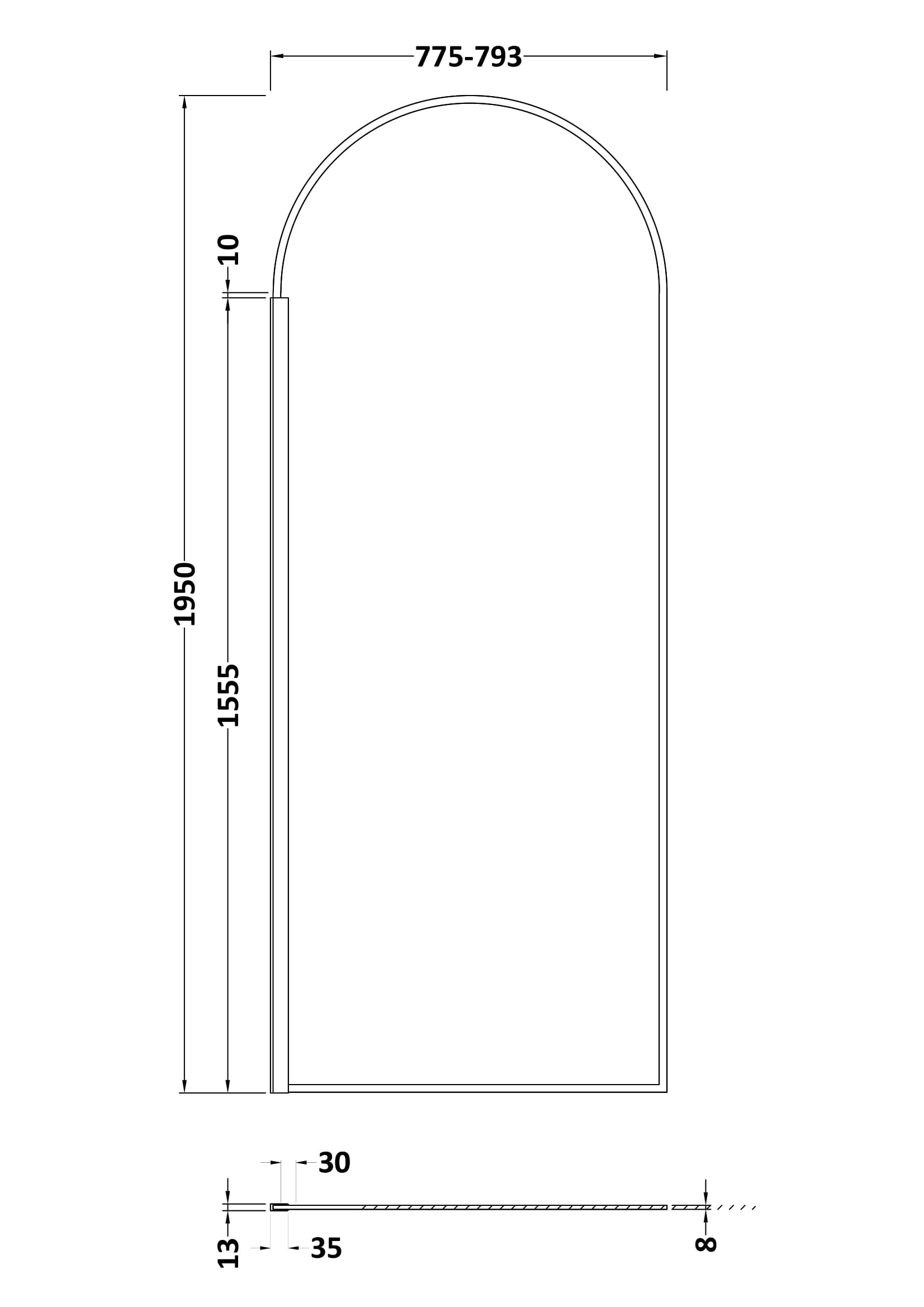 Sleek arched shower screen design for modern bathrooms, featuring precise measurements for seamless installation and style.