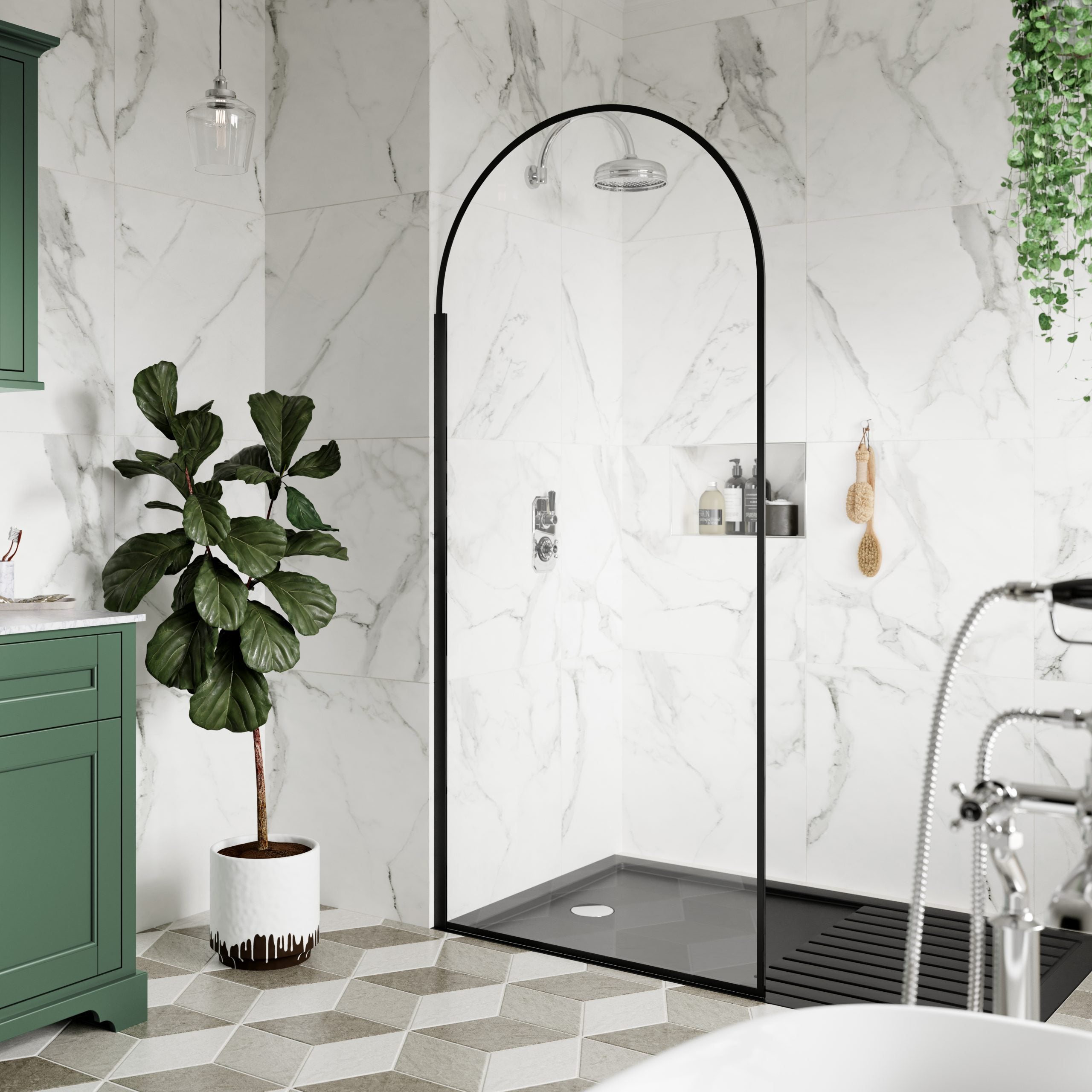 Modern walk-in shower with black framed glass door, marble tiled walls, and eco-friendly bathroom accessories in a contemporary bathroom design.