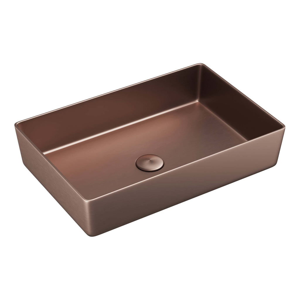 Minimalist copper bathroom sink with sleek rectangular design and a centred drain for modern bathroom decor. Durable finish for contemporary bathroom basins and vanities.