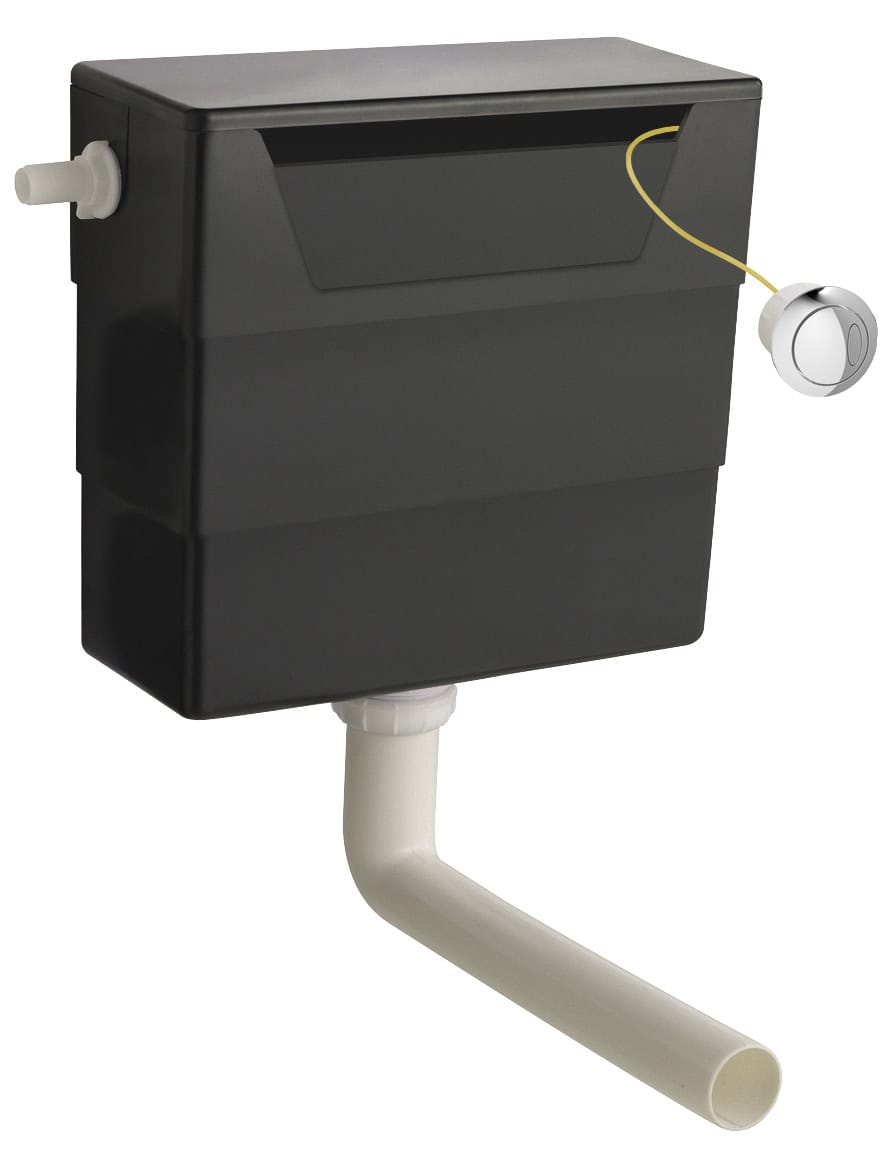 Black concealed cistern for modern bathroom toilets, with external flush actuator and pipe connection. Ideal for innovative and space-saving bathroom design solutions.