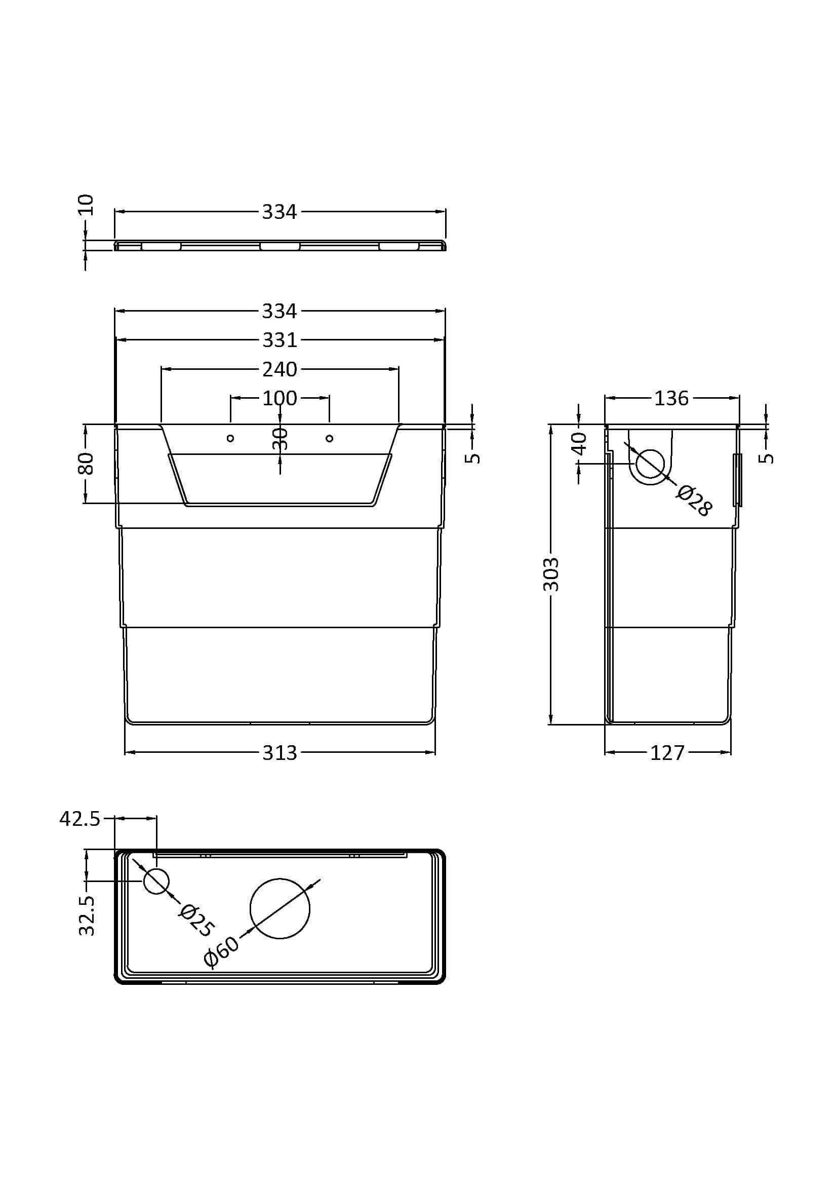 Sleek modern bathroom vanity with integrated sink, detailed technical drawing with dimensions, perfect for contemporary bathroom renovation and design projects.