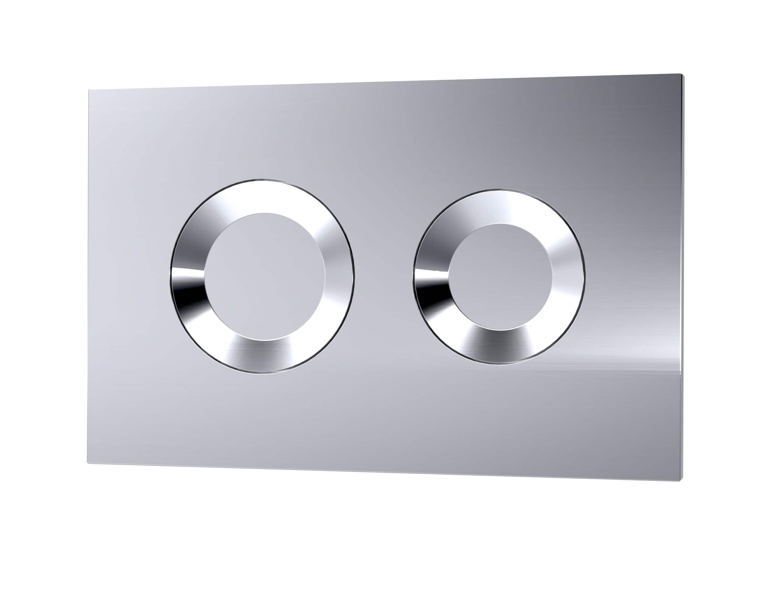 Modern chrome dual-flush toilet flush plate for bathrooms and toilets, sleek and easy to install, enhances hygiene and saves water, ideal for contemporary bathroom designs.