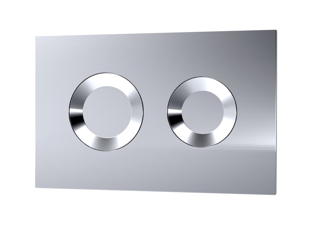 Shiny stainless steel dual flush toilet flush panel for modern bathroom design. Durable, sleek, and easy to install, ideal for water-saving toilet systems in contemporary bathrooms.