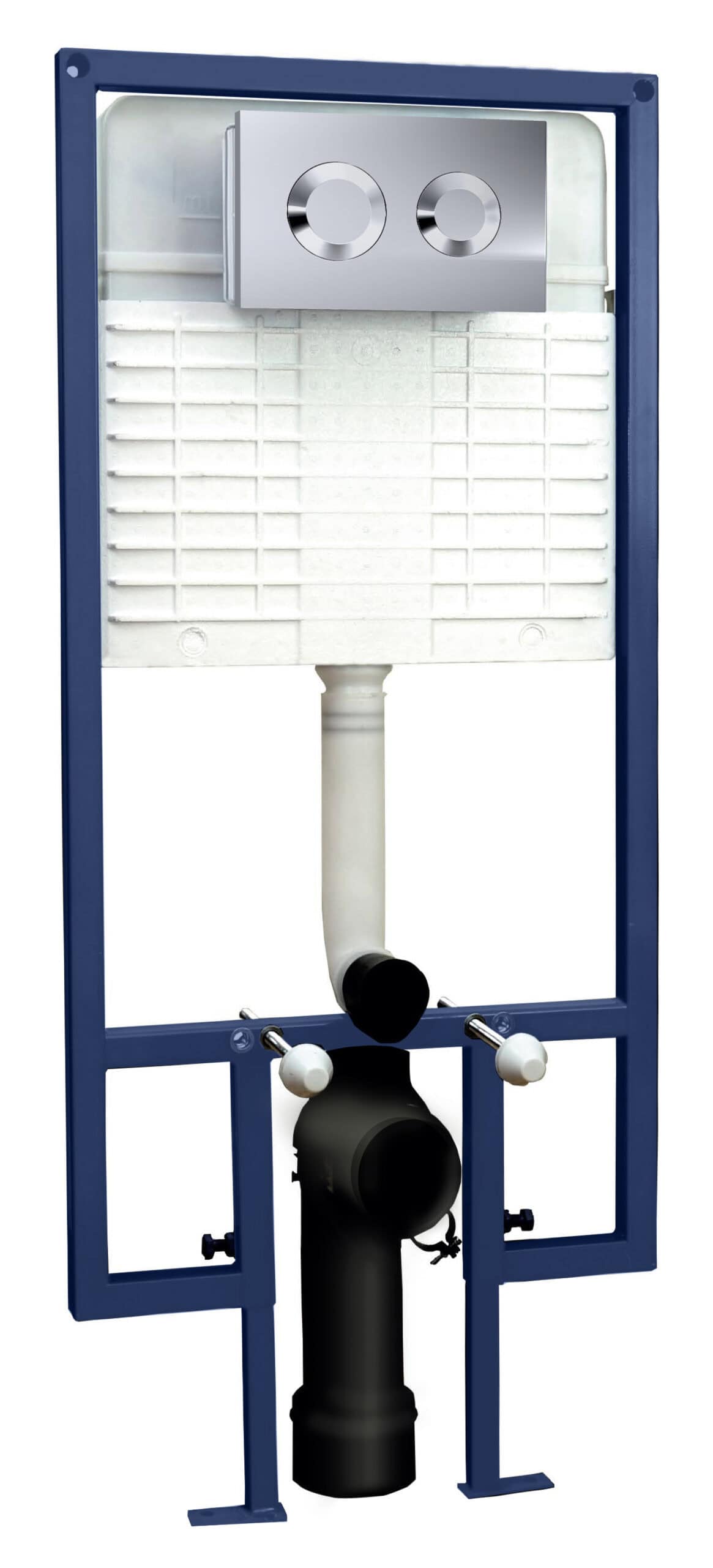 Drain cistern for wall-mounted toilet, white plastic tank with dual flush buttons, concealed within a blue frame for modern bathroom installations.