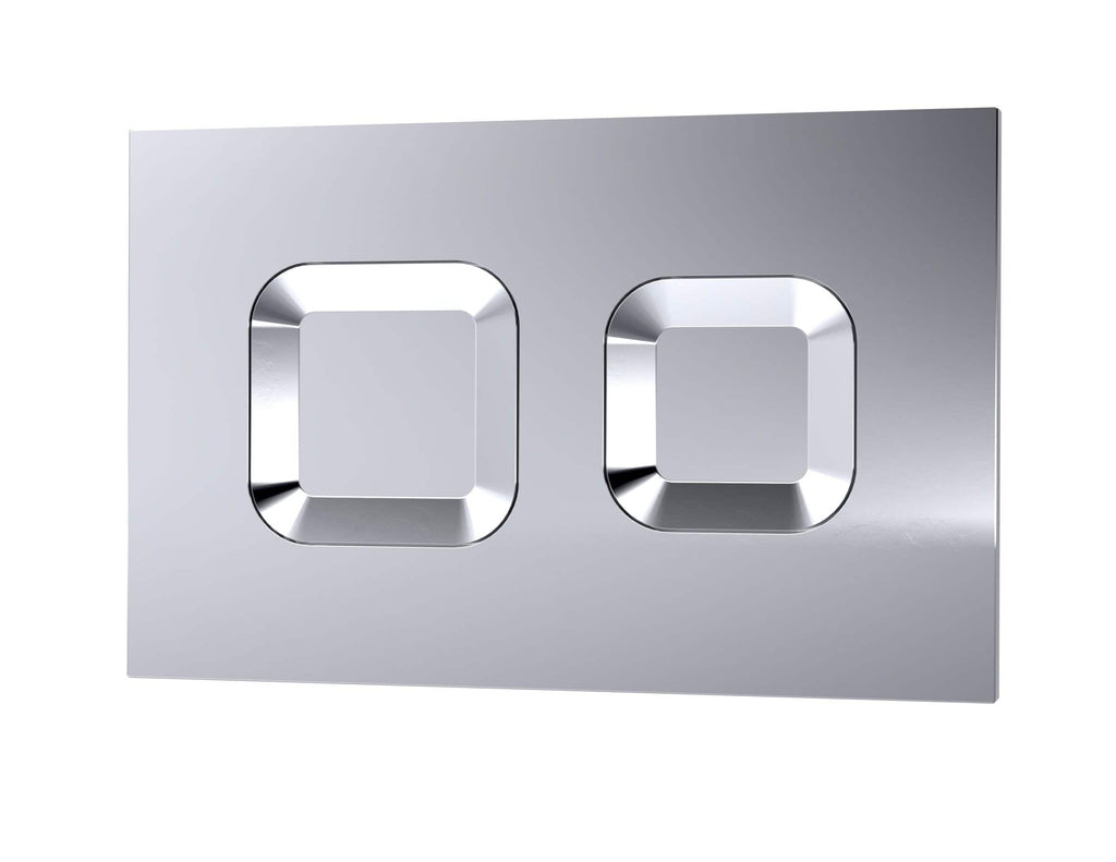 Sleek chrome dual flush toilet flush button on modern bathroom wall plate, durable and easy-to-clean toilet flush mechanism, stylish bathroom accessories for efficient water conservation.