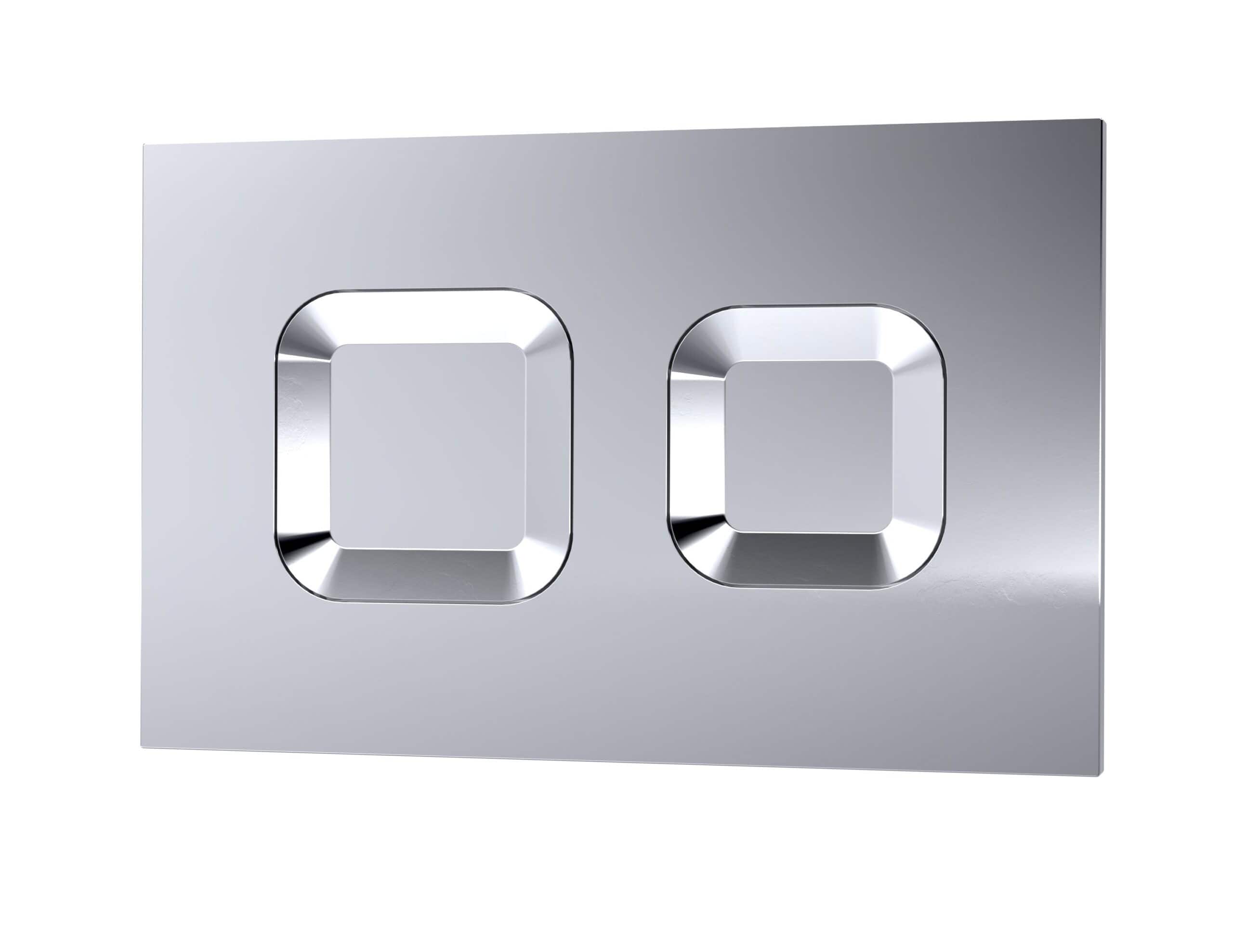 Sleek chrome dual flush toilet flush button on modern bathroom wall plate, durable and easy-to-clean toilet flush mechanism, stylish bathroom accessories for efficient water conservation.