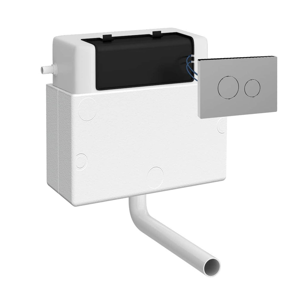 Battery-powered dual-flush toilet cistern with flush button panel, designed for modern bathroom installations. Easy to install, water-efficient, ideal for contemporary bathroom upgrades.