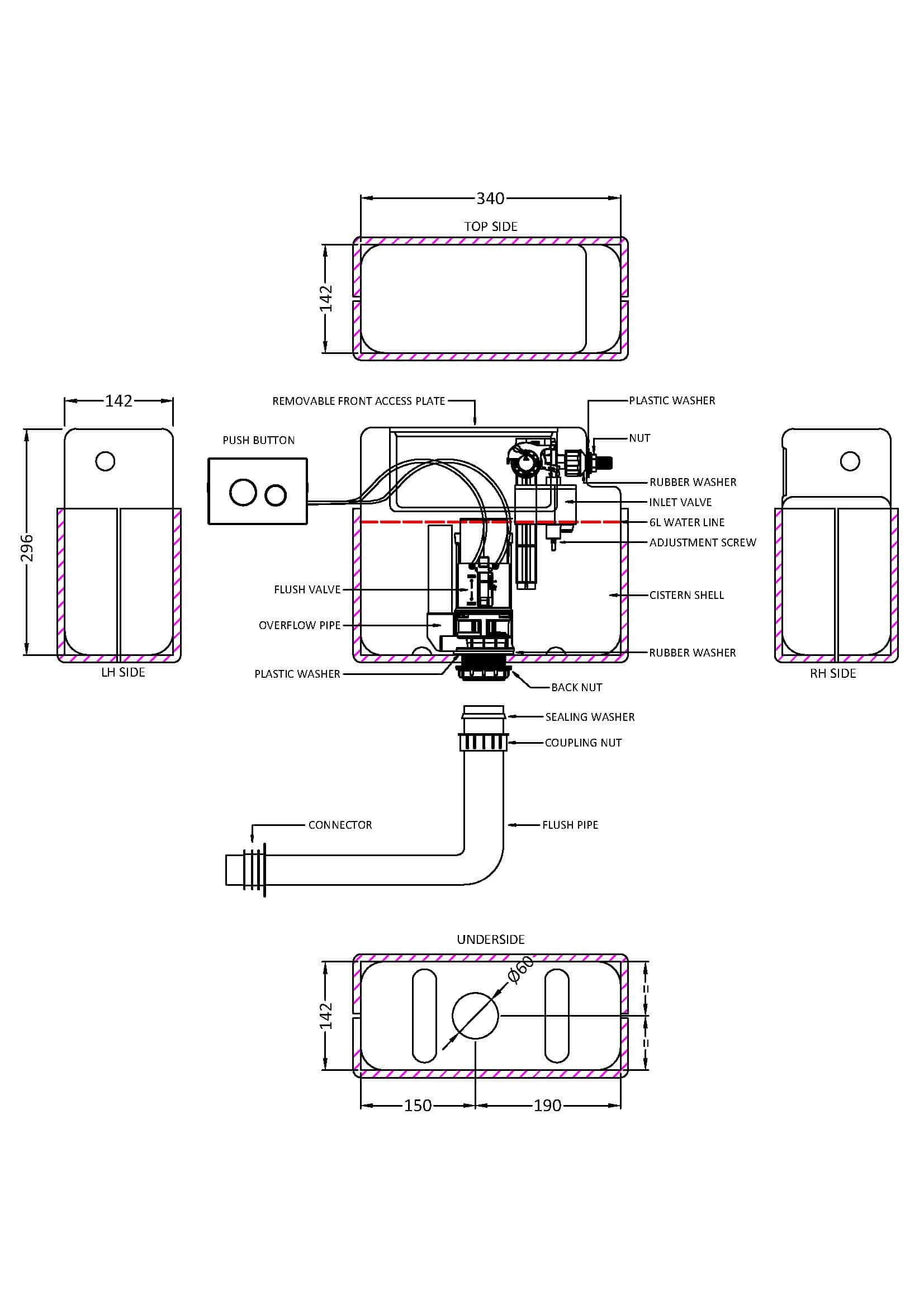 High-quality bathroom installation diagram with detailed measurements and plumbing components for Bubly Bathrooms. Perfect for bathroom renovation and plumbing projects.