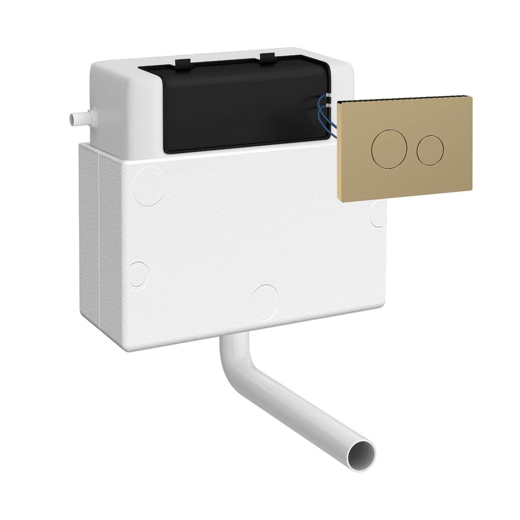 Flexible concealed toilet cistern with dual flush button for modern bathroom installations.