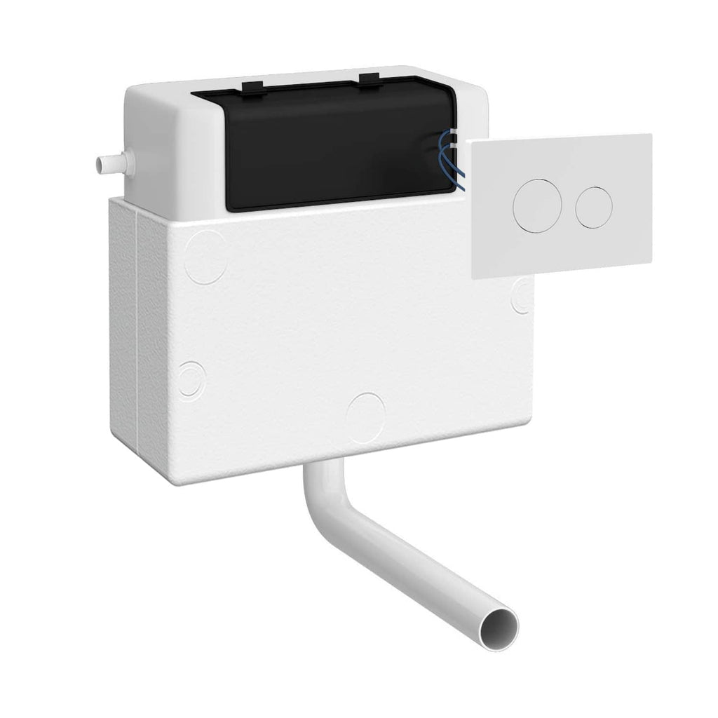 Compact concealed toilet cistern with dual flush mechanism and pipe connection, ideal for modern bathroom installations. Perfect for efficient water saving and seamless bathroom design.