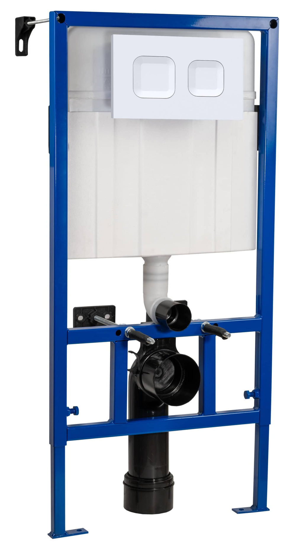Flushing toilet frame with concealed cistern for bathroom installation, blue metal support structure, white tank, wall-mounted dual-flush buttons, black plumbing components, modern bathroom fixtures, Bubly Bathrooms expertise.