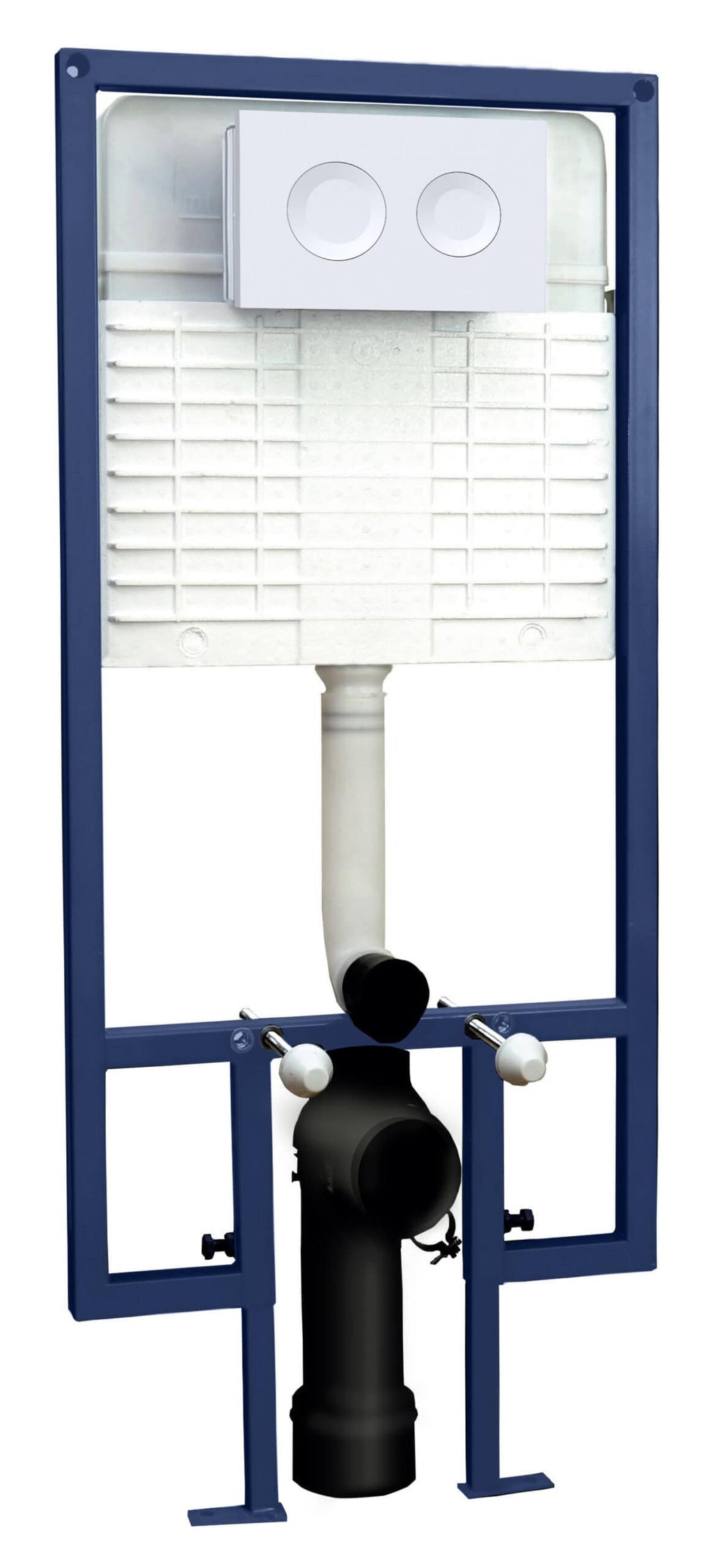 Flush tank for toilet cistern with frame and dual flush mechanism, common bathroom component for modern toilet installation, compact design for efficient water use.